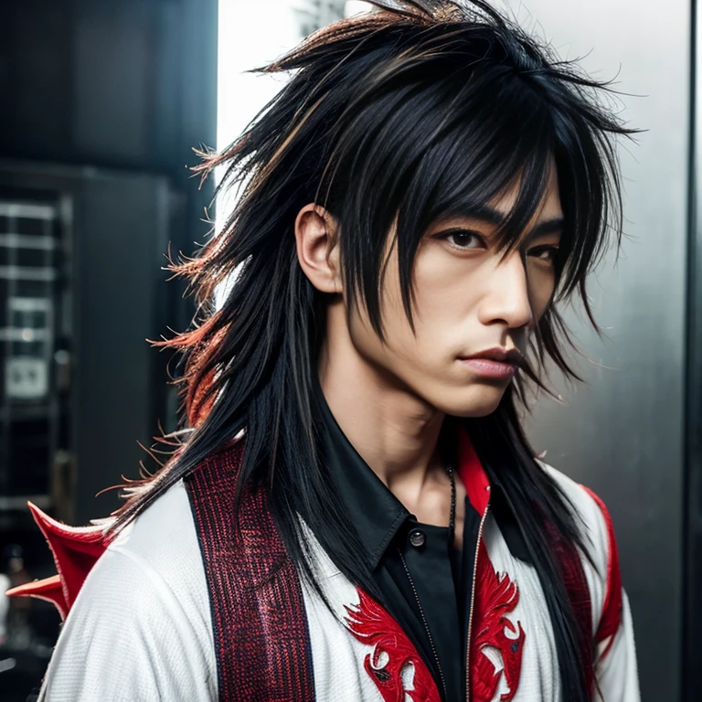 1 man, Japanese man, male, Asian eyes, muscular, broad shoulders, dragon tattoos, hairstyle Visual Kei style, hair Visual Kei, black men's shirt and black pants, ultra detailed face, hyperrealistic, realistic representation, long hair, long hair, 30 years old, age 30 years, blond, blonde hair