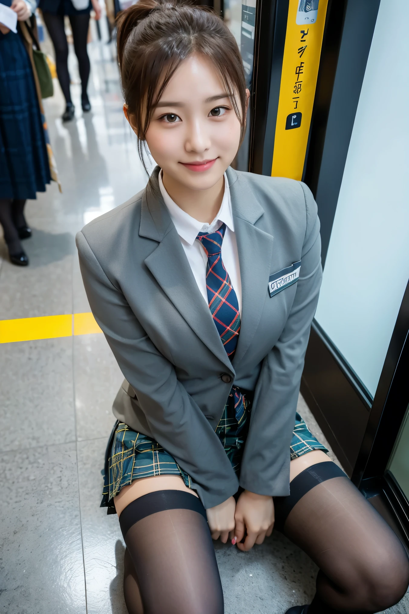 (8K), (highest quality: 1.2), (realistic), (realistic: 1.37), ultra high resolution, 1 girl, cute, smile, closed mouth, beautiful details, beautiful nose, wet hair, giant dulcefo, pork, thighs，Self snap,University Student Uniform,Sitting on a Tokyo train,simple blazer,pleated skirt,(The pattern of the skirt and tie is a tartan check pattern..:1.3),cross your legs, From above,thighs,ponytail,opaque knee high tights