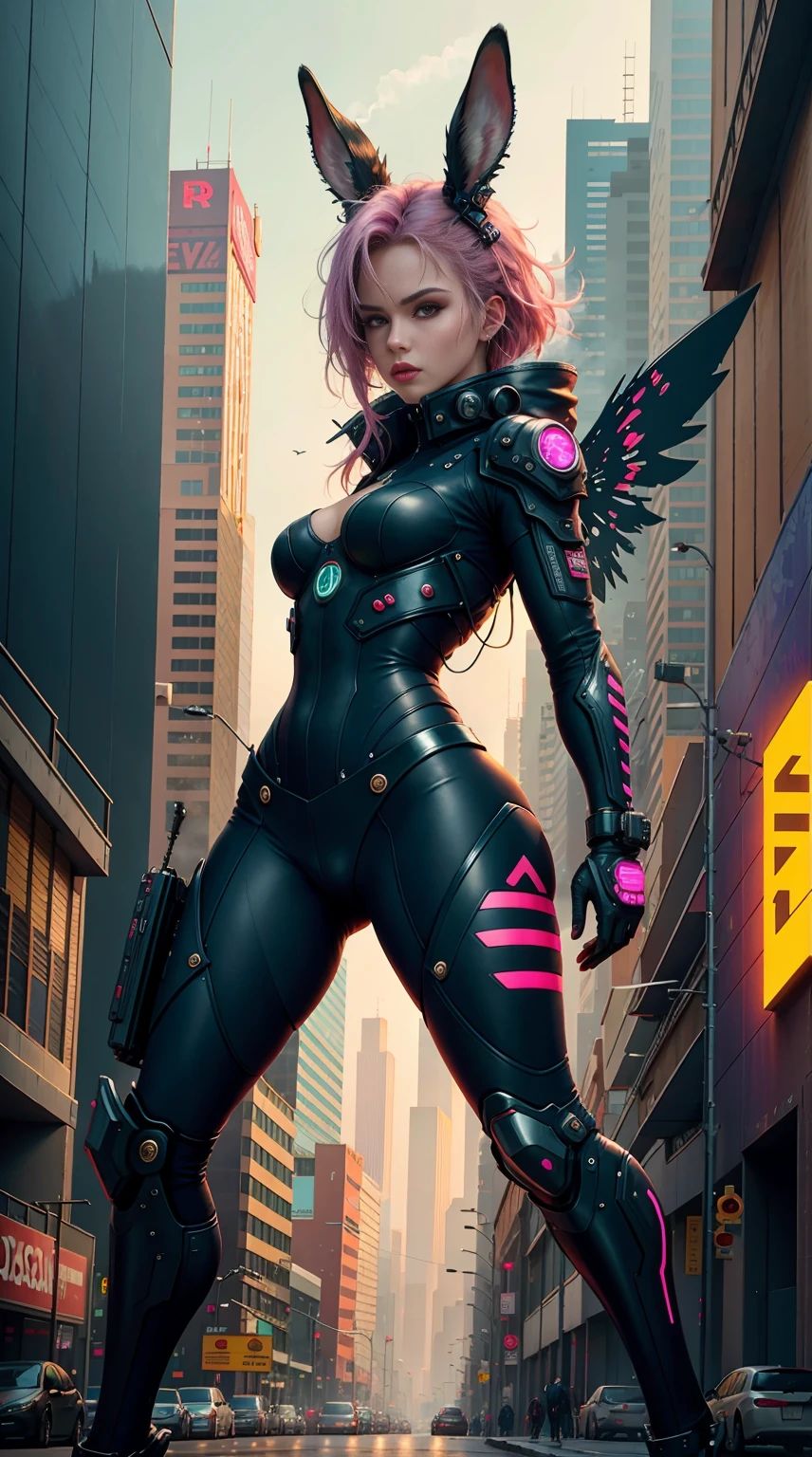 (Best quality,4K,8K,A high resolution,Masterpiece:1.2),Ultra-detailed,(Realistic,Photorealistic,photo-realistic:1.37),Cyberpunk,Girl,Mechanical,Animate,Metallic,Neon lights,Glowing eyes,metal gears,Machinery,robotic limb,Futuristic city landscape,Pink hair,Contemporary fashion,cybernetic implants,Digital interface,Night scene,mysterious,Technology,urban,grittiness,dystopian,Energetic posture,Dynamic composition,Graffiti walls,Vibrant colors,City lights,Electric atmosphere,glitch effects,Steam punk,Mechanical wings,(Rabbit ears),Street style,Artificial intelligence,high-tech weapon,Fierce expression,urban exploration,flying through the air,universe background,science fiction elements,urban chic,Technological progress