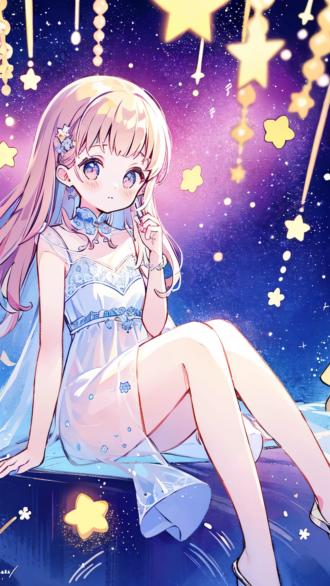 complex background, wishing star background, a woman wearing an ethereal mystical pink translucent dress that reflects the stars, perfume promo art, mystic, complex drawing, highly detailed, Covergirl brand, promo art, artistic rendition, ethereal, starry night, midjourney style
