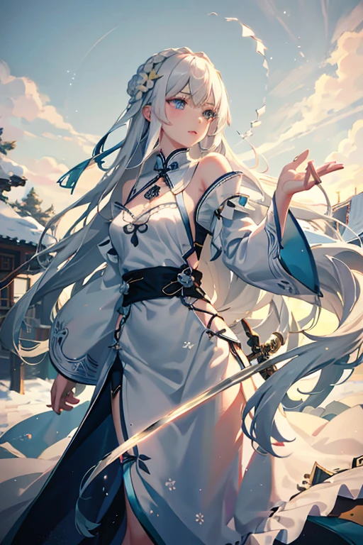 (Ultra-delicate), (Be focused), (high resolution), (((Silver hair with gradient stripes and light blue tail))), Cute beauty face, , ((Clear light blue eyes)), thin eyebrows, long upper eyelashes, Double eyelids, Upper Eye, (super detailed eyes), Sexy lips, lip details, White skin, Delicate skin, Deformed depth of field blurred background, (Detailed background), Perfect layer cut, (full-body shot/Cowboy shooting/side view), wallpaper, Shimmer, complicated, familiar, Onmyoji, particle, constellation, Stardust, universe, Pentagram, ((Talisman)), Comfort and tranquility, peaceful, Japan, Black, White Kimono, With crystal, Fortune Telling, time and space, incantations, 8k