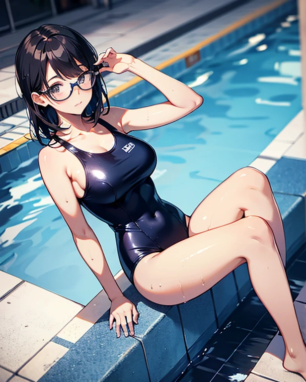 8K, highest quality, masterpiece,gravure lighting, fine eyes, fine skin, Beautiful shoulder-length hair、A simple 18 year old Japanese girl, wear glasses, huge saggy breasts, Navy blue one-piece school swimsuit with trim, Wet and shiny swimsuit, wet and shiny skin, troubled face, barefoot, Real school swimming pool, The background is a high wire mesh, Posing by the pool, Photographed at the best angle