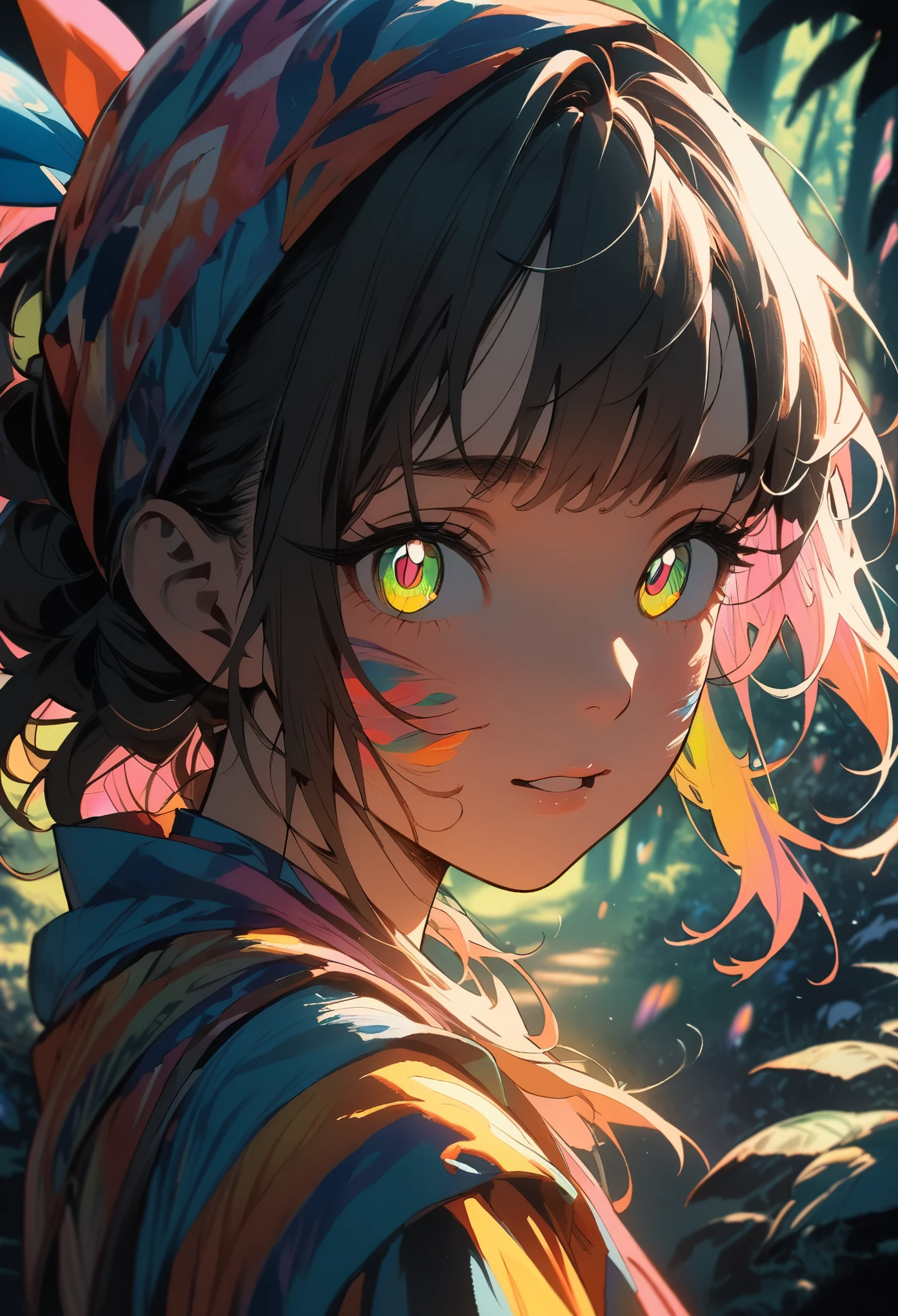 portrait, 1girl, colorful warrior costume, vibrsnt color, adventurer, (at magical forest:1.5), front view, detailed facial features, sharp focus, professional lighting, subtle colors, traditional art style, (expressive eyes, curious expression:1.5), delicate brushstrokes, thought-provoking,emotive, subtle lighting, soft shadows, (side view:1.4), looking at viewer, full body, (dynamic pose)
