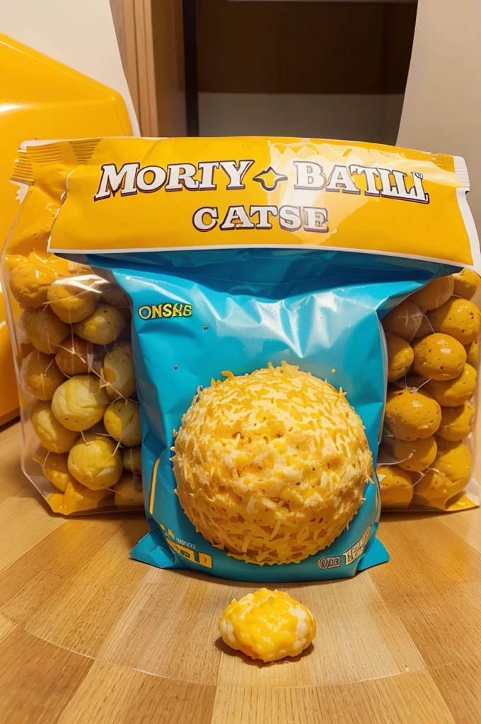 a potato ball coated in crushed potato chips with mozarella cheese inside, the cheese is stretching and forming the word "cheesy" and "potato puffs" at the bottom the color scheme is orange yellow and blue-violet, this will serve as a logo for our product