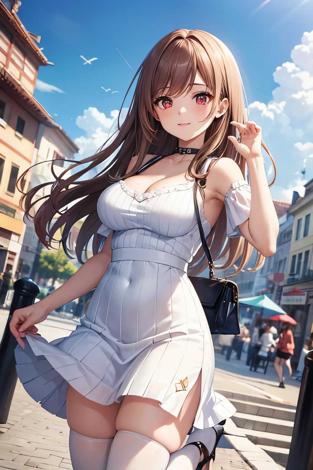 Game , goddess of victory nikke, Rapi , light brown hair,  alluring eyes ,beautiful face , crystal red eyes ,  long hair , Korean ruffles off shoulders tops , blue colour , cleavage,white colour solid ribbed knit pencil skirt ,selfie wind, 1 hand bag, cheerful eyes, ,g cup breast, slender waist, bewitching thighs, five fingers each hand, two hand ,two leg , in town, date, standing, beautiful, high heels, daylight, recreation park,