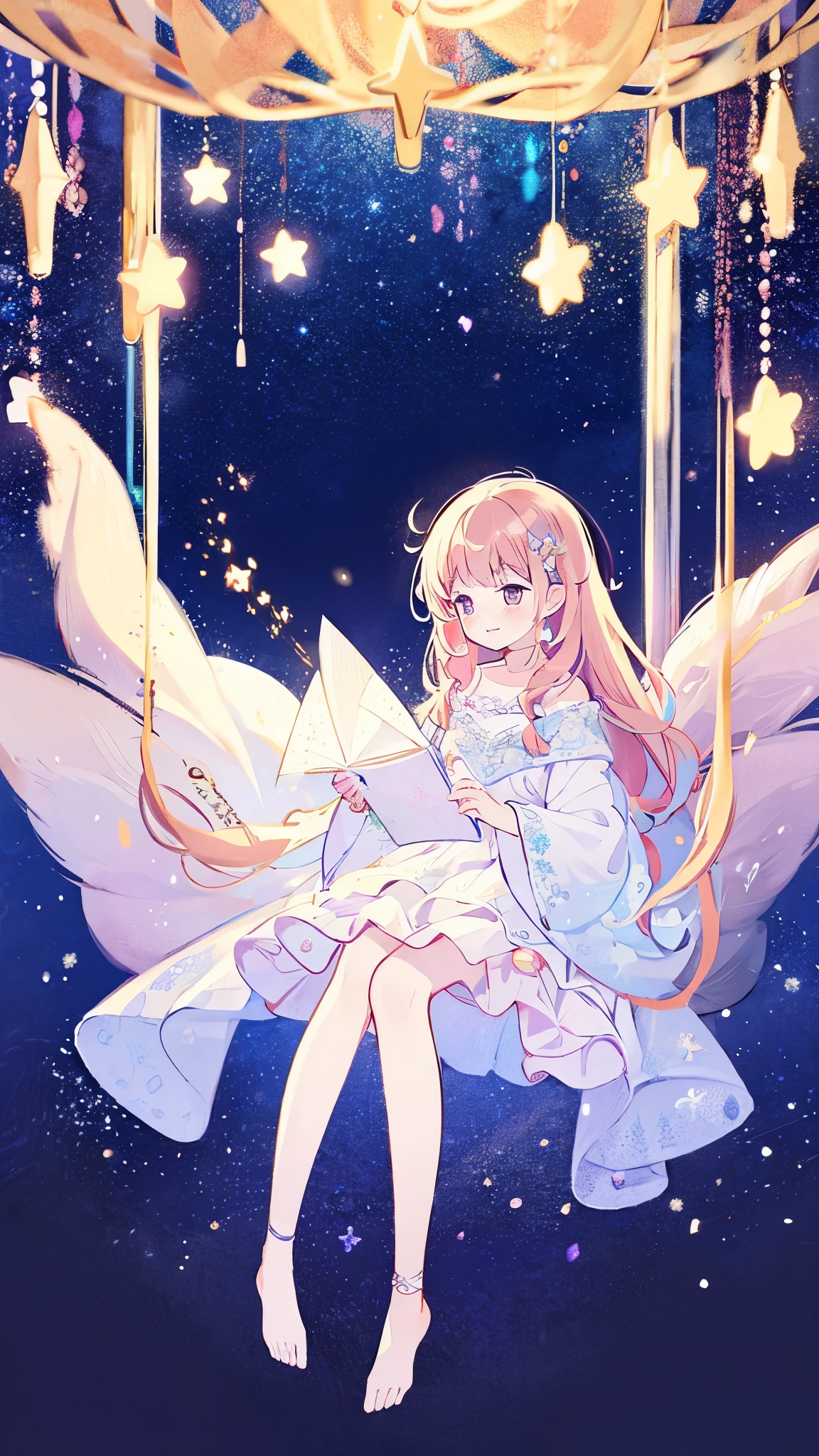 complex background, wishing star background, a woman wearing an ethereal mystical pink translucent dress that reflects the stars, perfume promo art, mystic, complex drawing, highly detailed, Covergirl brand, promo art, artistic rendition, ethereal, starry night, midjourney style
