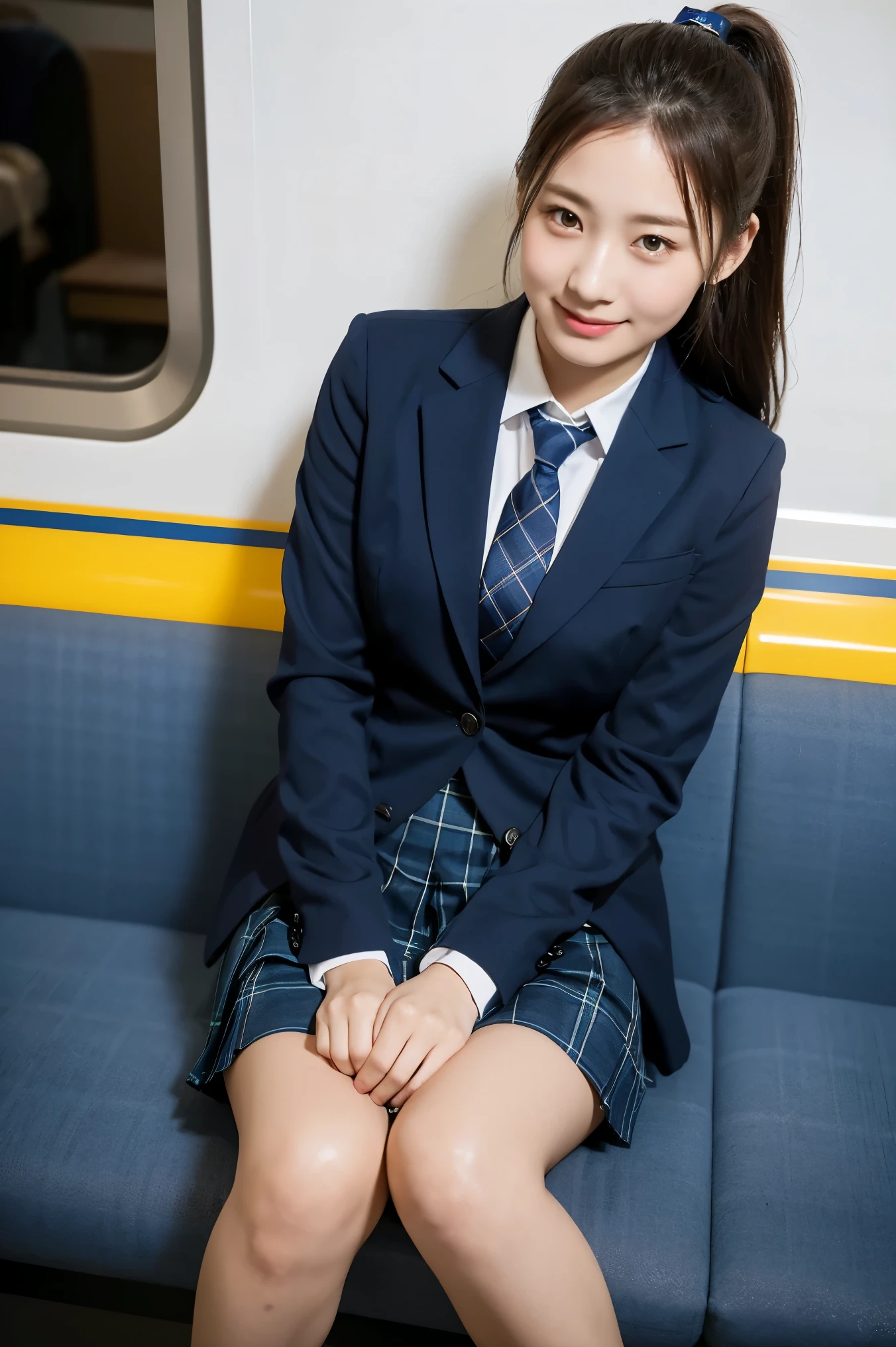 (8K), (highest quality: 1.2), (realistic), (realistic: 1.37), ultra high resolution, 1 girl, cute, smile, closed mouth, beautiful details, beautiful nose, wet hair, giant dulcefo, pork, thighs，Self snap,University Student Uniform,Sitting on a Tokyo train,simple blazer,pleated skirt,(The pattern of the skirt and tie is a dark blue tartan check pattern..:1.3),(The plaid pattern on the skirt is a little small..:1.2),cross your legs, From above,thighs,ponytail,