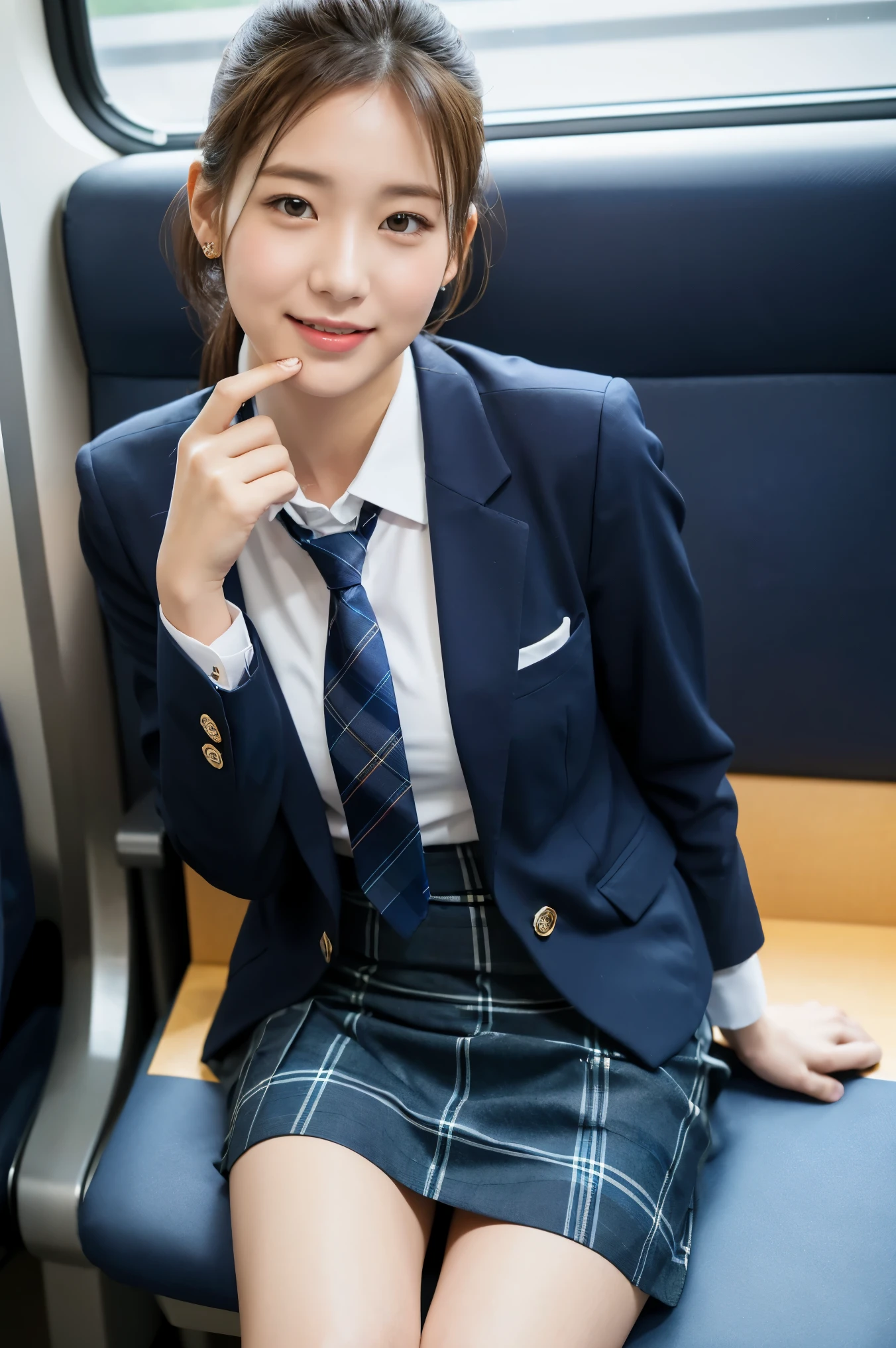 (8K), (highest quality: 1.2), (realistic), (realistic: 1.37), ultra high resolution, 1 girl, cute, smile, closed mouth, beautiful details, beautiful nose, wet hair, giant dulcefo, pork, thighs,Self snap,University Student Uniform,Sitting on a Tokyo train,simple blazer,pleated skirt,(The pattern of the skirt and tie is a dark blue tartan check pattern..:1.3),(The plaid pattern on the skirt is a little small..:1.2),cross your legs, From above,thighs,ponytail,