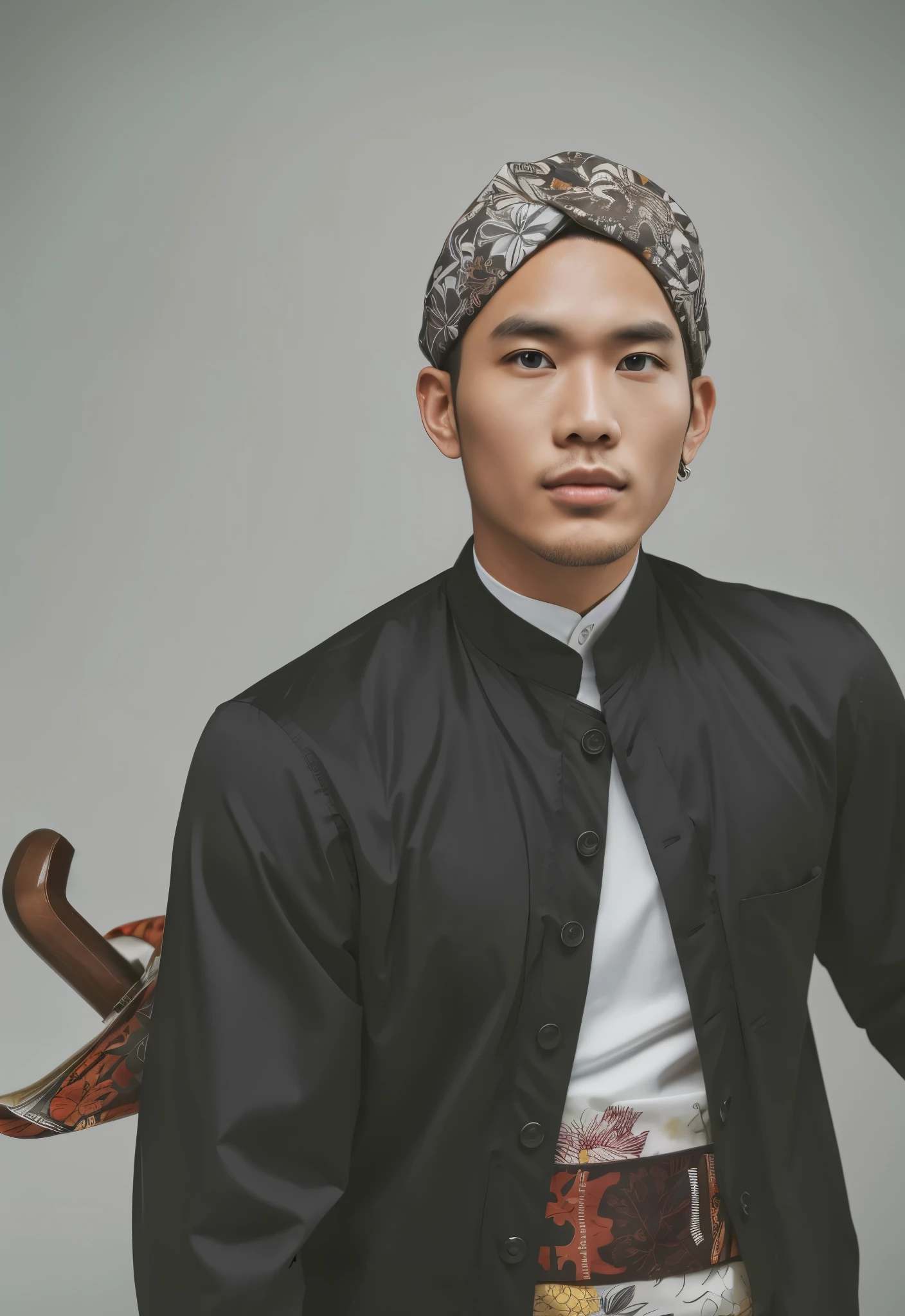 a man with a bendo, floral batik pattern, light grey background, high-res and vivid colors, realistic lighting, detailed face, sharp focus, professional, portrait style