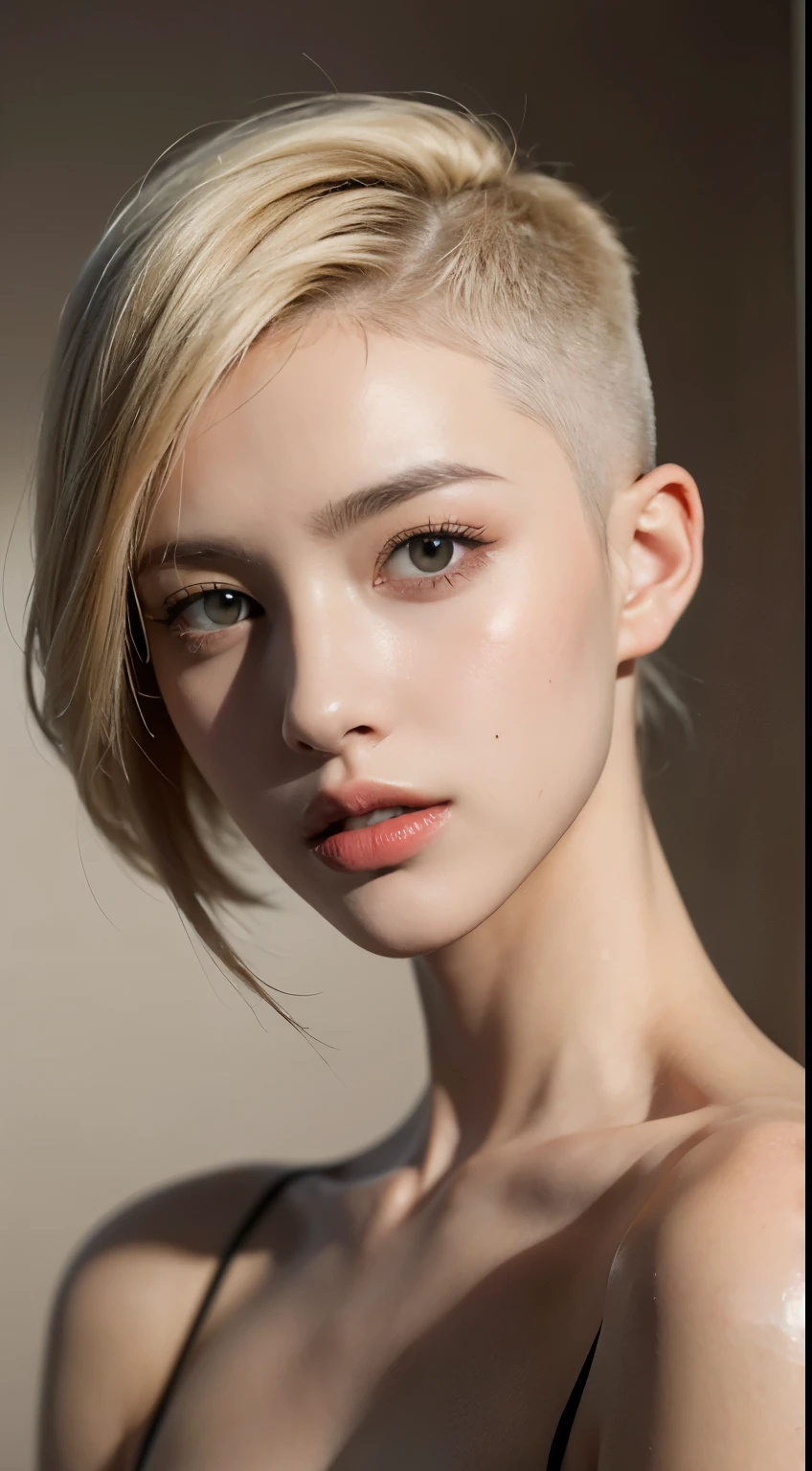 a 20 yo woman, blonde, (hi-top fade:1.3), dark theme, soothing tones, muted colors, high contrast, (natural skin texture, hyperrealism, soft light, sharp)
