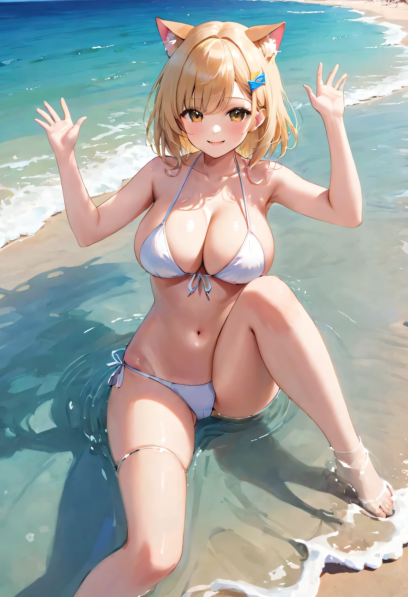 qbz95bkngfl, (masterpiece:1.3), 最high quality, high quality, disorganized, 1 girl, alone, cowboy shot, white bikini, , Liar, Raise the hand, wave hands, take your feet apart, light smile, partially submerged, beach,  Different world、8k,(Cat ear)、Bob Cut Blonde Hair、big breasts、The planet is floating、M-shaped spread legs