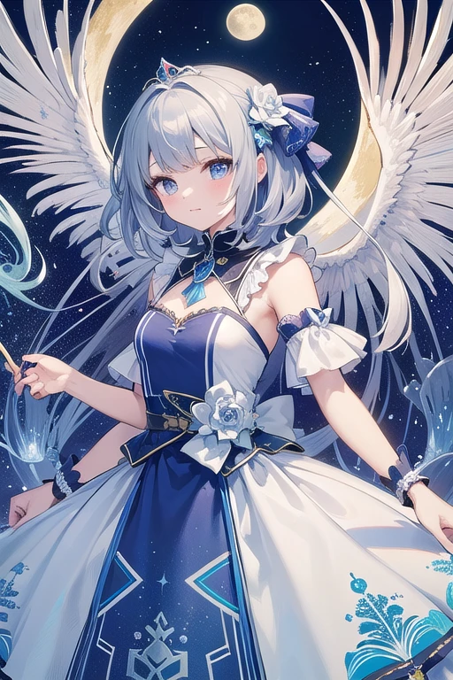 (masterpiece、highest quality、highest quality、official art、beautiful beautiful:1.2)、(1 girl)、very detailed、(fractal art:1.3)、Colorful、most detailed、Sagittarius temperament、fantasy、soothing、Dreaming Beings、Exploring the Mind、philosophical、navigation、Dress with the image of the moon、Royal Blue、Princess、Unknown world、