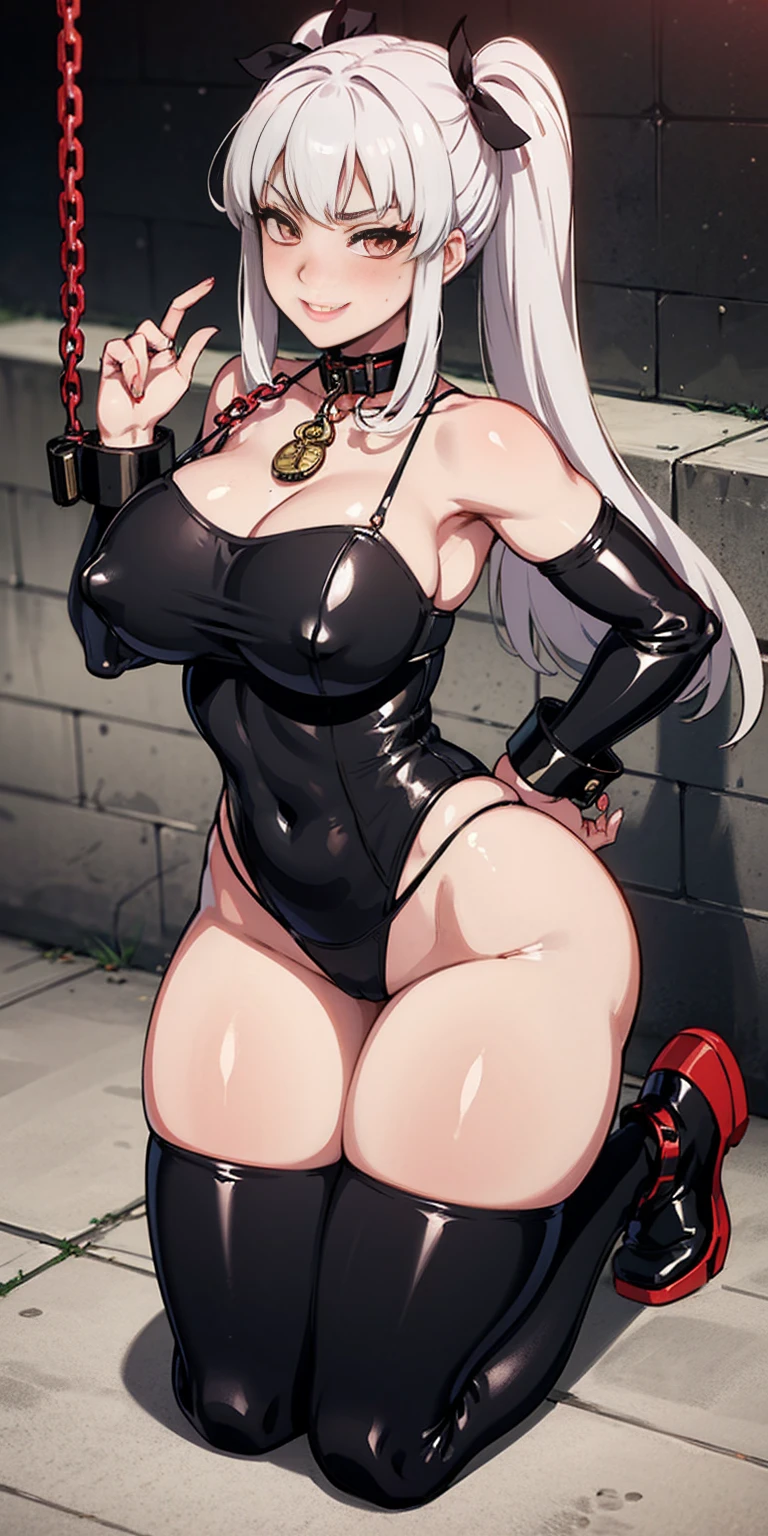 Latex girl lustful smirking smile red blush red cheeks, chain leash, kneeling, shackles, leather black collar slave, 2 high ponytails
