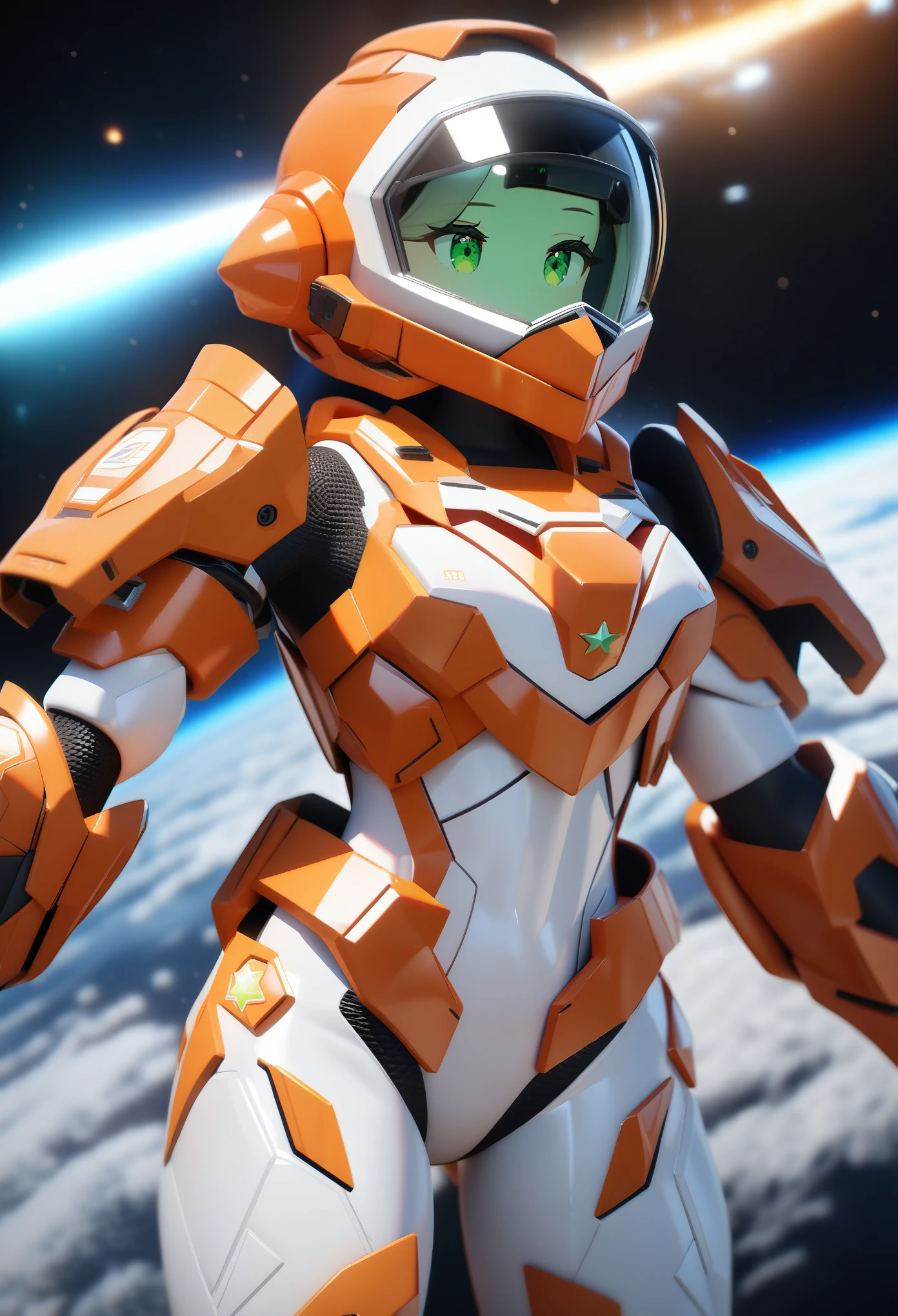 1girl,solo,Sala,original,full face helmet,face visible through helmet ,green eyes,no hair,no face,white body suit,orange heavy armor,cowboy shot,in space,touch star,3D style,Science fiction,ultra-detailed,sharp focus,aesthetic,(best quality)
