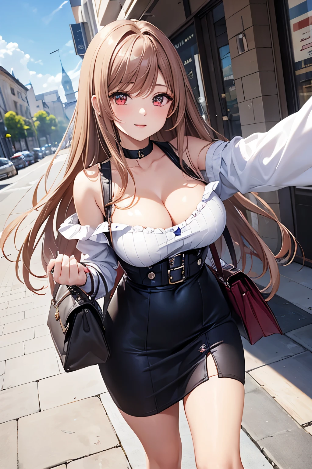 Game , goddess of victory nikke, Rapi , light brown hair,  alluring eyes ,beautiful face , crystal red eyes ,  long hair , Korean ruffles off shoulders tops , blue colour , cleavage,white colour solid ribbed knit pencil skirt ,selfie wind, 1 hand bag, cheerful eyes, ,g cup breast, slender waist, bewitching thighs, five fingers each hand, two hand ,two leg , in town, date, standing, beautiful, high heels, daylight, recreation park,