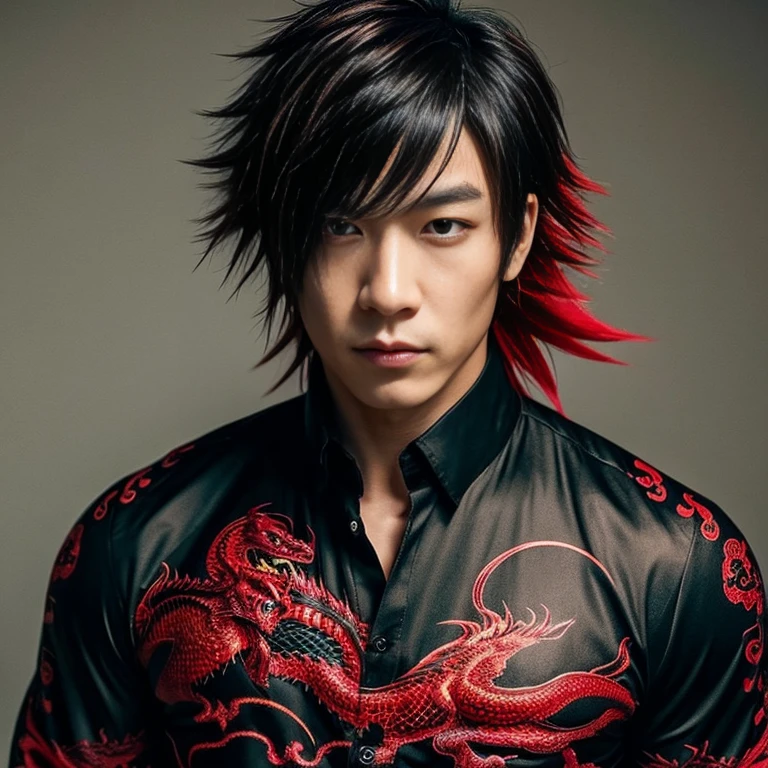 1 man, Japanese man, male, Asian eyes, muscular, broad shoulders, dragon tattoos, hairstyle Visual Kei style, hair Visual Kei, black men's shirt and black pants, ultra detailed face, hyperrealistic, realistic representation, long hair, long hair, 30 years old, age 30 years, blond, blonde hair