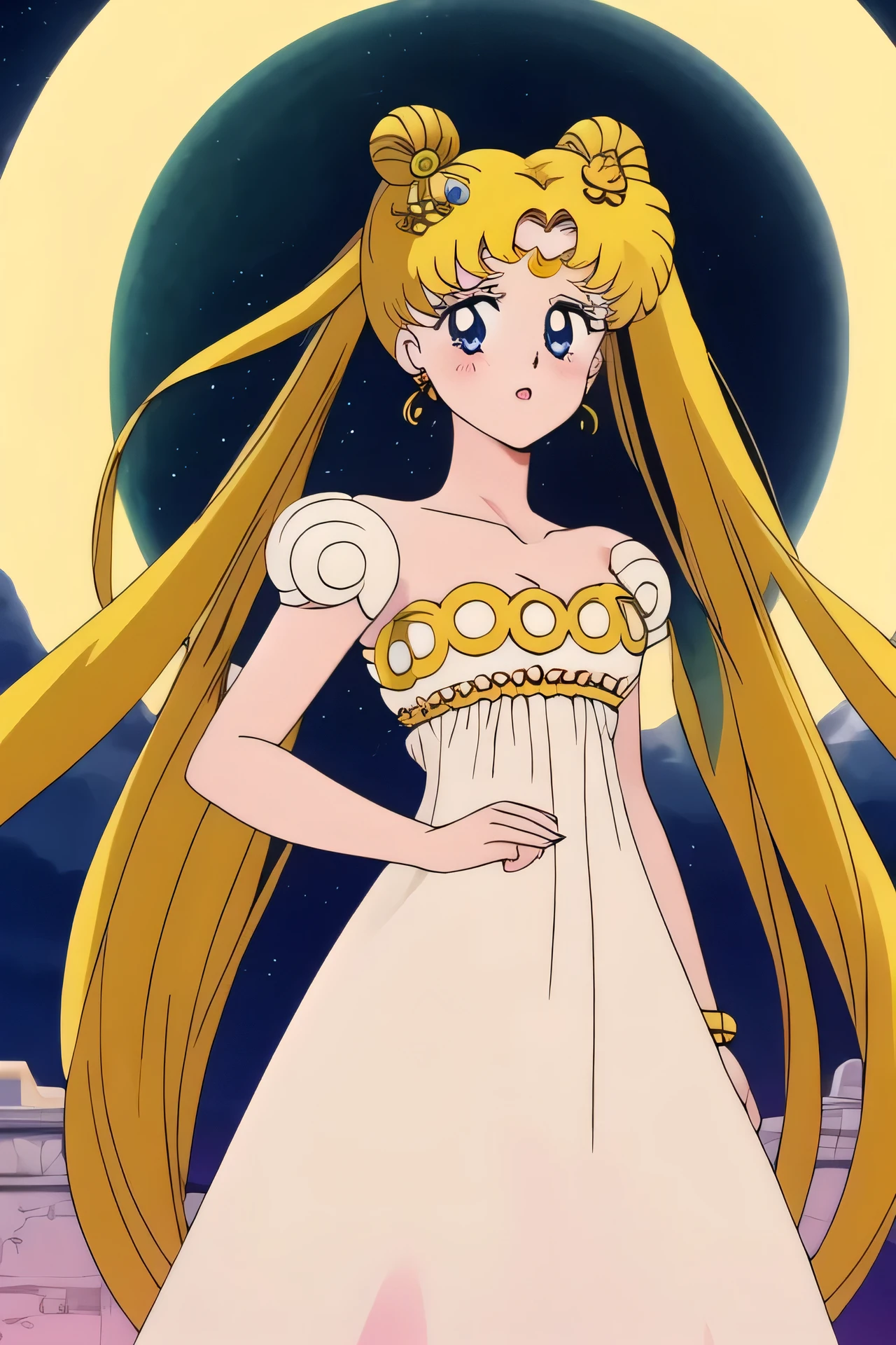 masterpiece, best quality, 1girl, solo, princessserenity, blonde hair, hair ornament, forehead mark, earrings, white dress, standing, parted lips, blush, looking at viewer, arms at sides, bead bracelet, moon, full moon, night, night sky, dark, darkness,