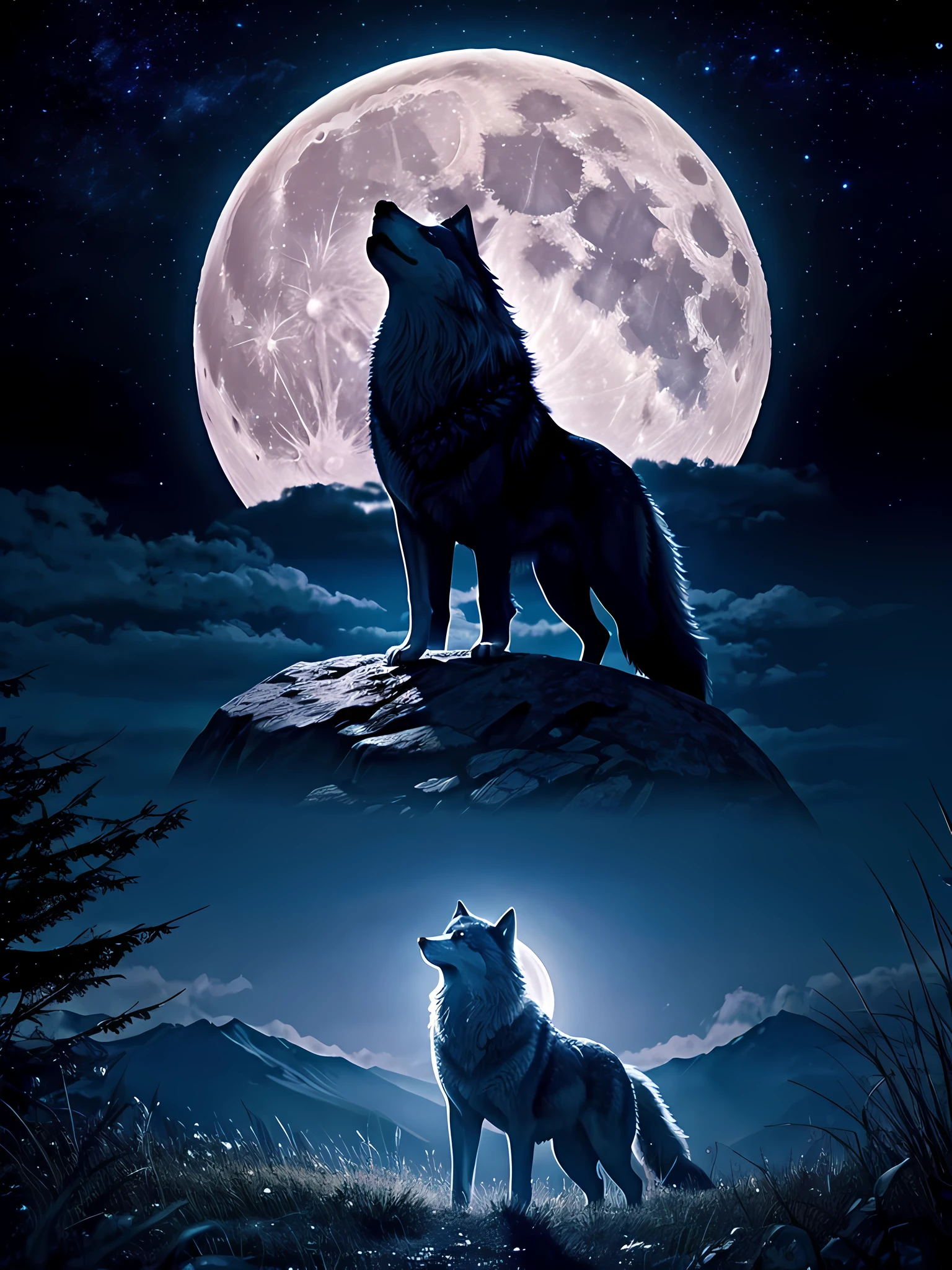 the wolf is howling、Background of full moon floating in the night sky、mysterious aura、God's secret、god