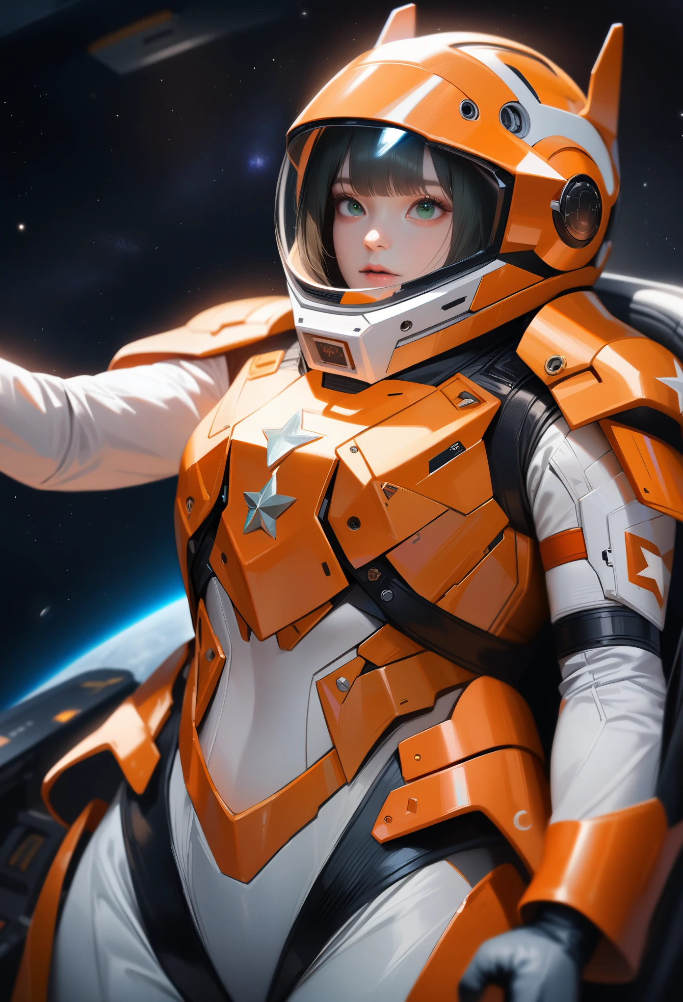 1girl,solo,Sala,original,full face helmet,face visible through helmet ,green eyes,no hair,no face,white body suit,orange heavy armor,cowboy shot,in space,touch star,realistic style,Science fiction,ultra-detailed,sharp focus,aesthetic,(best quality)
