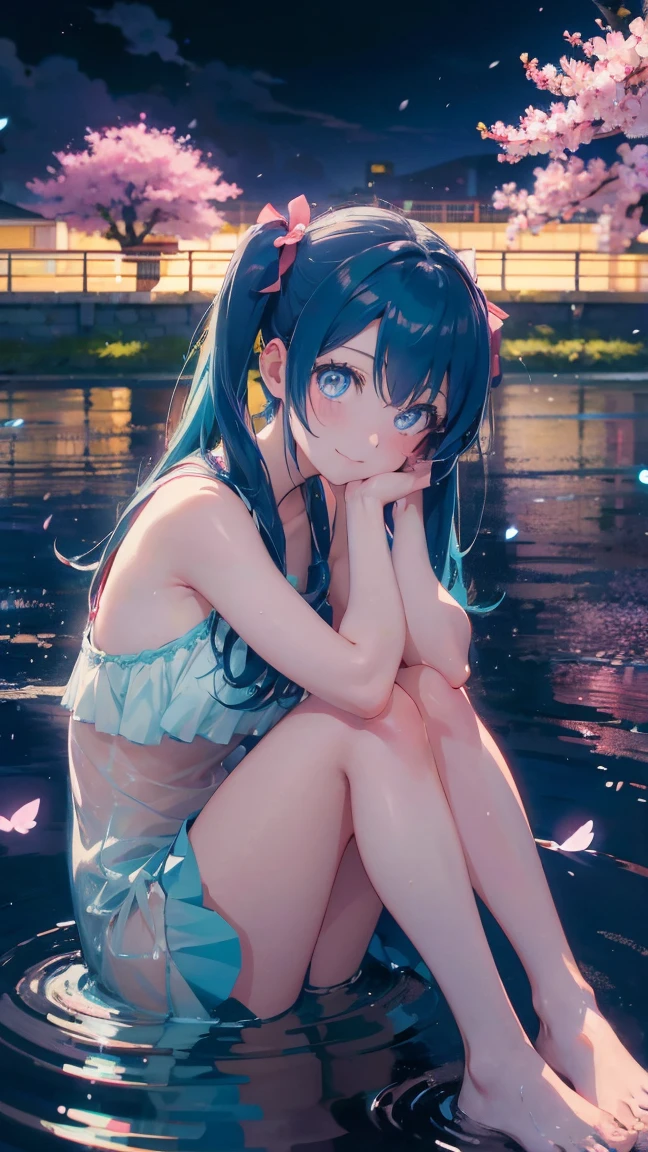 1 anime girl, alone,Black petals flutter, A mysteriously shining butterfly.city,Hatsune Miku,bright blue hair,bright blue jewel eyes,twin tails,thin legs,Gloomy cloudy sky,very clear,highest quality,smile,close up of face,Sit in the water,barefoot,cherry blossoms,turn to the side,cherry blossomsミク