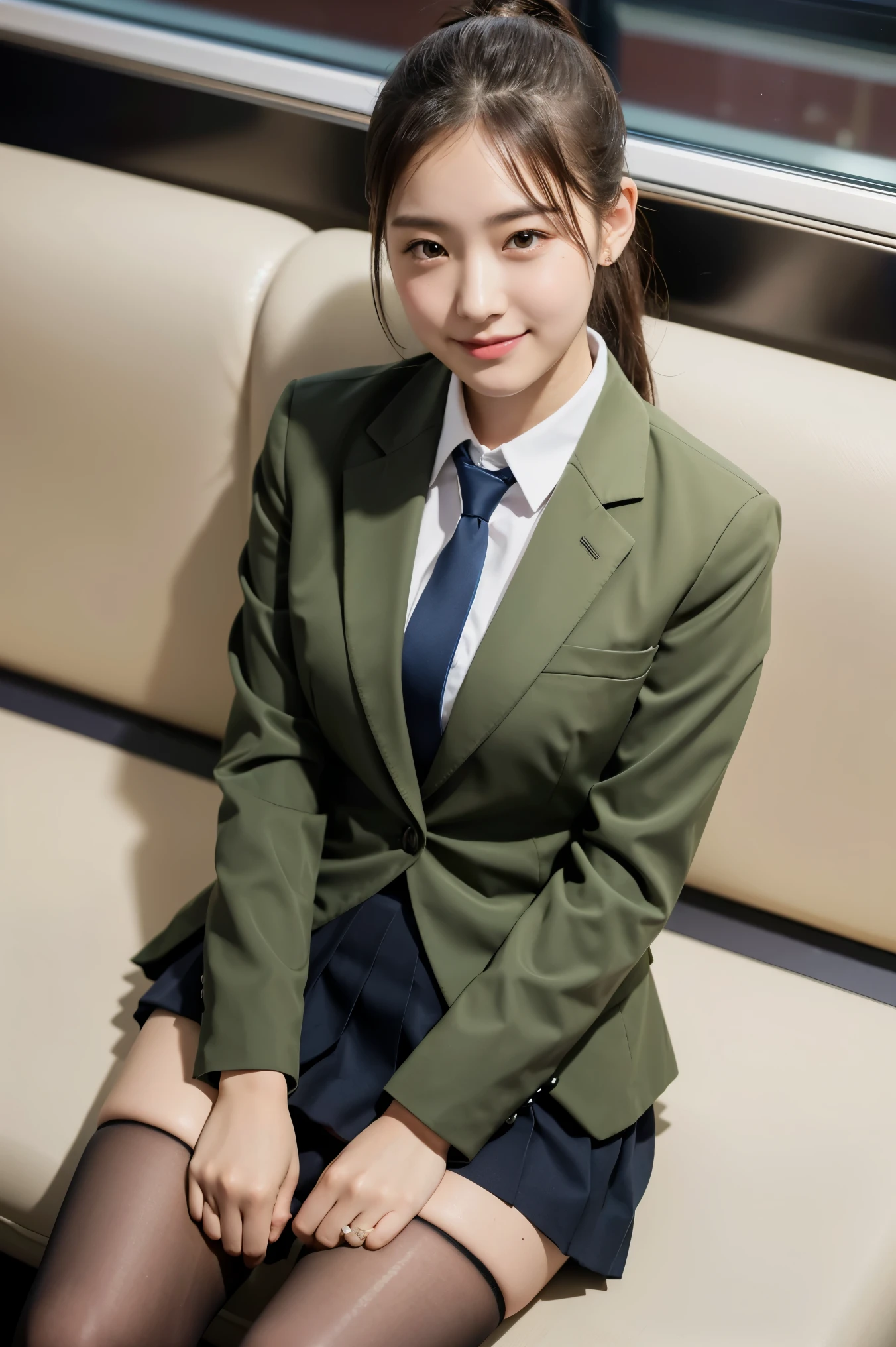 (8K), (highest quality: 1.2), (realistic), (realistic: 1.37), ultra high resolution, 1 girl, cute, smile, closed mouth, beautiful details, beautiful nose, wet hair, giant dulcefo, pork, thighs,Self snap,University Student Uniform,simple blazer,pleated skirt,opaque knee high tights,Sitting on a Tokyo train,cross your legs, From above,thighs,ponytail