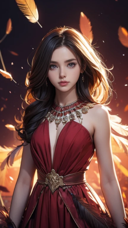 1 girl,Gorgeous long dress made of feathers,red feathers,Giant feathers,complex background,beautiful background,(feathers everywhere:1.3),depth of field level, (( girl, slim, thin waist, thin arms))