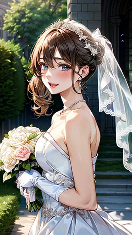 (masterpiece:1.3, highest quality, ultra high resolution, super detailed), (realistic, photorealistic:1.4), beautiful illustrations, (natural side lighting, movie lighting), Depth of the bounds written, fine cloth texture, 
looking at the viewer, bust photo, 1 girl, 16 years old, perfect face, (perfect anatomy), Cute symmetrical face, baby face, shiny skin, thin
(middle hair:1.5, side ponytail:1.4, blonde hair), hair between eyes, blue eyes, pink lips, long eyelash, (big breasts:1.3), 
beautiful hair, beautiful face, detailed and beautiful eyes, beautiful clavicle, beautiful body, beautiful breasts, beautiful thighs, beautiful feet, beautiful fingers, 
flower head, headdress, (strapless wedding dress:1.5), (silk dress:1.2), necklace, earrings, cleavage, bouquet, (lace gloves:1.2), (bridal veil:1.2), (Short transparent veil:1.2), 
(beautiful scenery), evening, (flower garden, outside the church) squat, (enchanting smile, upper eye, blush, Small with open mouth), 