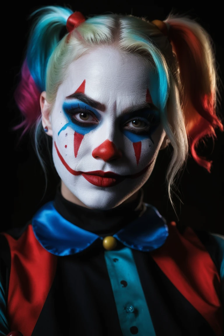 body nude photography. Head-to-toe in frame, (as Harley Quinn, clown makeup), grim smile, relaxed pose, portrait movie shot, serious, menacing, chiaroscuro style photo, dark background, minimalism, dramatic lighting, professional quality, dull highlights and shadows, natural and original, photorealistic, UHD, 32k, photo real, photo realistic, (skin detail), (skin pores), 
 