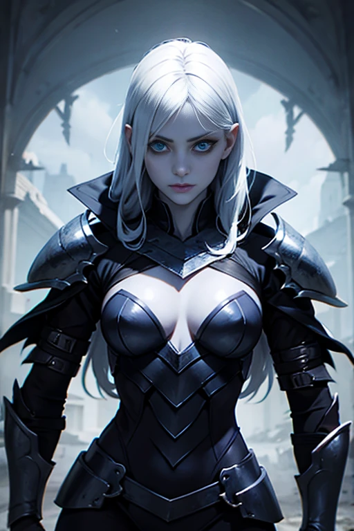 Pale blue skinned, cursed heroine, demonic eyes, cut throat, beautiful girl, chaotic hero armor,