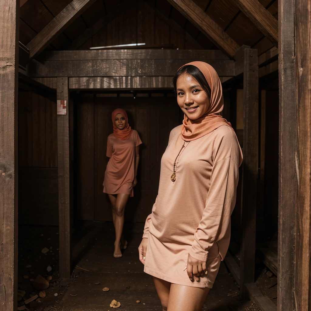 A 42 years old Indonesian woman in peach color hijab, standing and smiling in the old wooden cabin in a dark forest, look to the viewer with eye close, darker skin, curvier body, short body