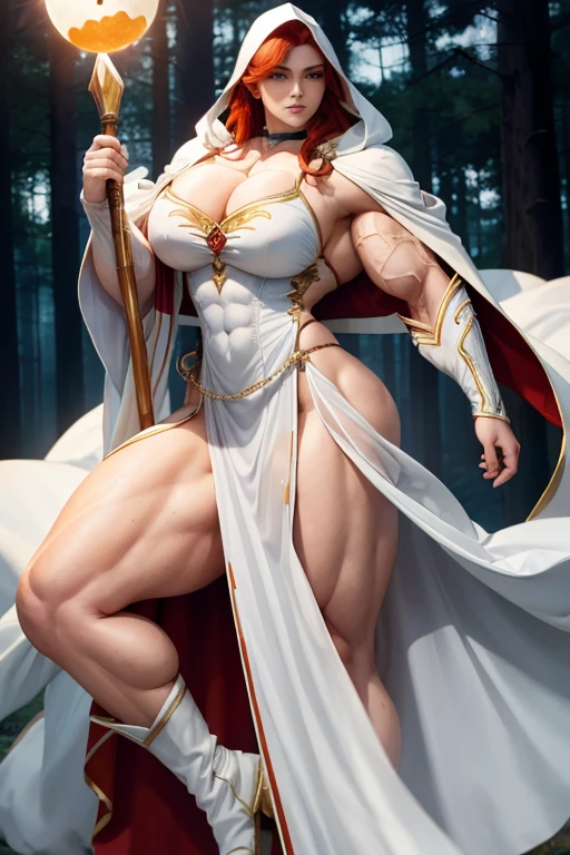 ((((Massive, tall, beautiful, buff, muscular pale white skinned asian woman mage with red hair, ginormous bulky muscles, holding a sun mage staff and wearing a beautiful hooded white enchanted robe with long long skirt)))), (close-up view), vascular, massive muscle, massive biceps, hyper muscle shoulders, hyper muscle triceps, (long hair), yellow eyes, (wearing a long extremely intricate robes, long magical robes), (white mage boots), smirk, white gauntlets, (in a magical forest), evening, Vascular arms, hyper vascular arm, hyper muscles arms, hyper muscle legs, massive arms.