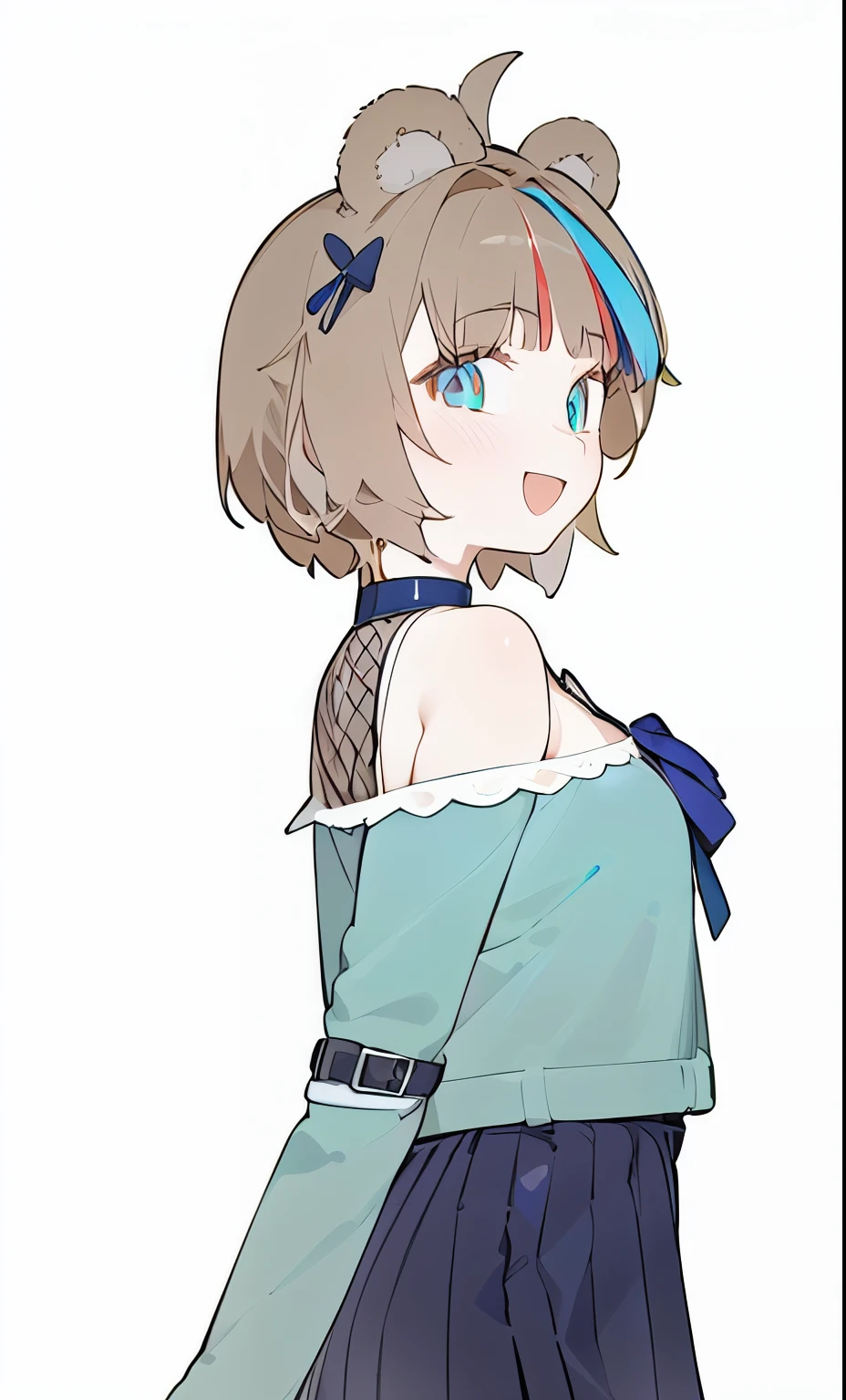 best quality, masterpiece, 1girl, short hair, bear ears, brown hair, streaked hair, ahoge, blue eyes, bear hairpin, choker, fishnet top, green cardigan, blue ribbon, blue skirt, pleaded skirt, belt, smile, open mouth, bare shoulders