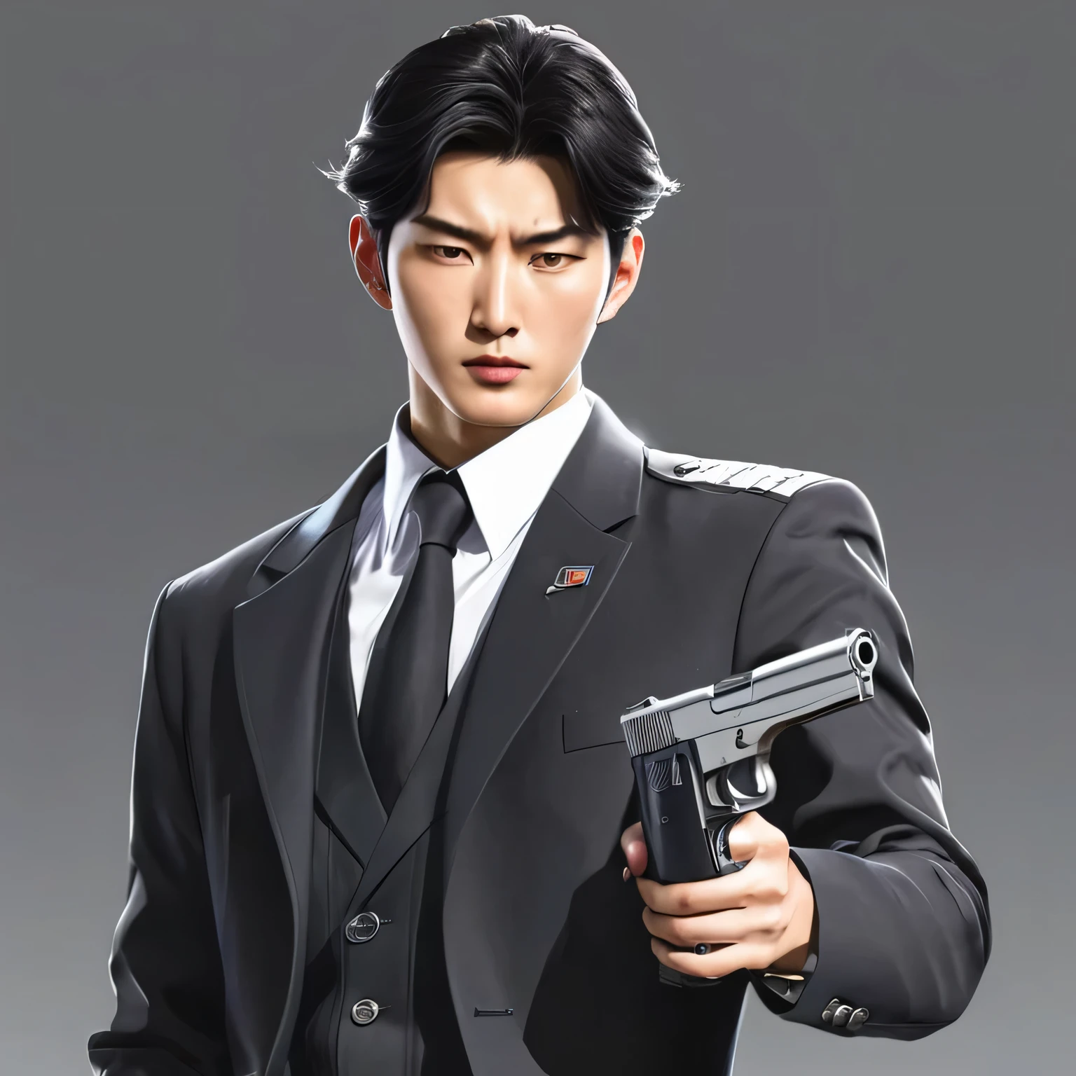 Anime semi realistic style of a male Korean spy with a pistol