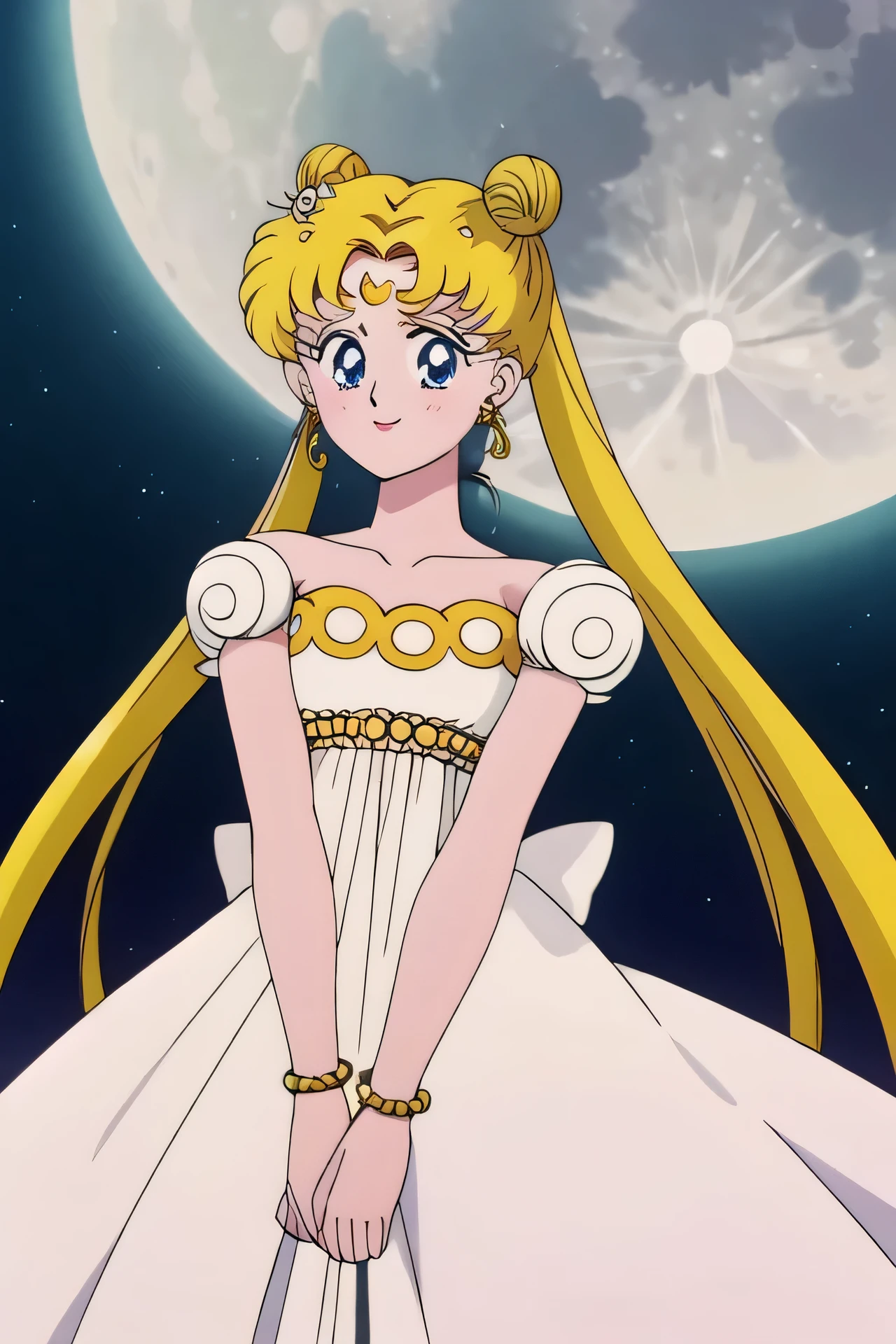 masterpiece, best quality, 1girl, solo, princessserenity, blonde hair, hair ornament, forehead mark, earrings, white dress, standing, parted lips, blush, looking at viewer, arms at sides, bead bracelet, moon, full moon, night, night sky, dark, darkness, smile