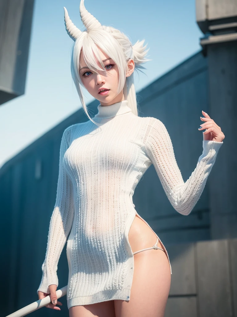 Full body, white hair, ((dragoon: 1.2)), blunt head, masterpiece, best quality, official art, very detailed CG unity 8k wallpaper, 1 girl, super high resolution, (realism: 1.4), primetime lighting, sweater dress, (upper body), (Sagiart: 1), (platinum short hair: 0.8), (puffy eyes)), looking at the audience, facing forward, smiling, laughing, top, gloves, short hair