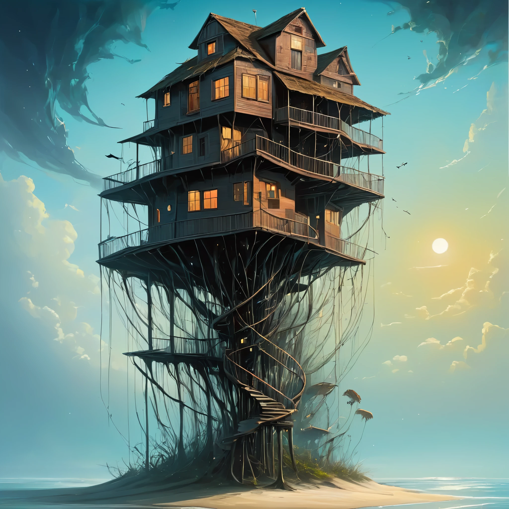 artstyle-surrealist,"surrealist art {A Stilt House SUPPORTED BY THE DNA SPIRAL} . dreamlike, mysterious, provocative, symbolic, intricate, detailed