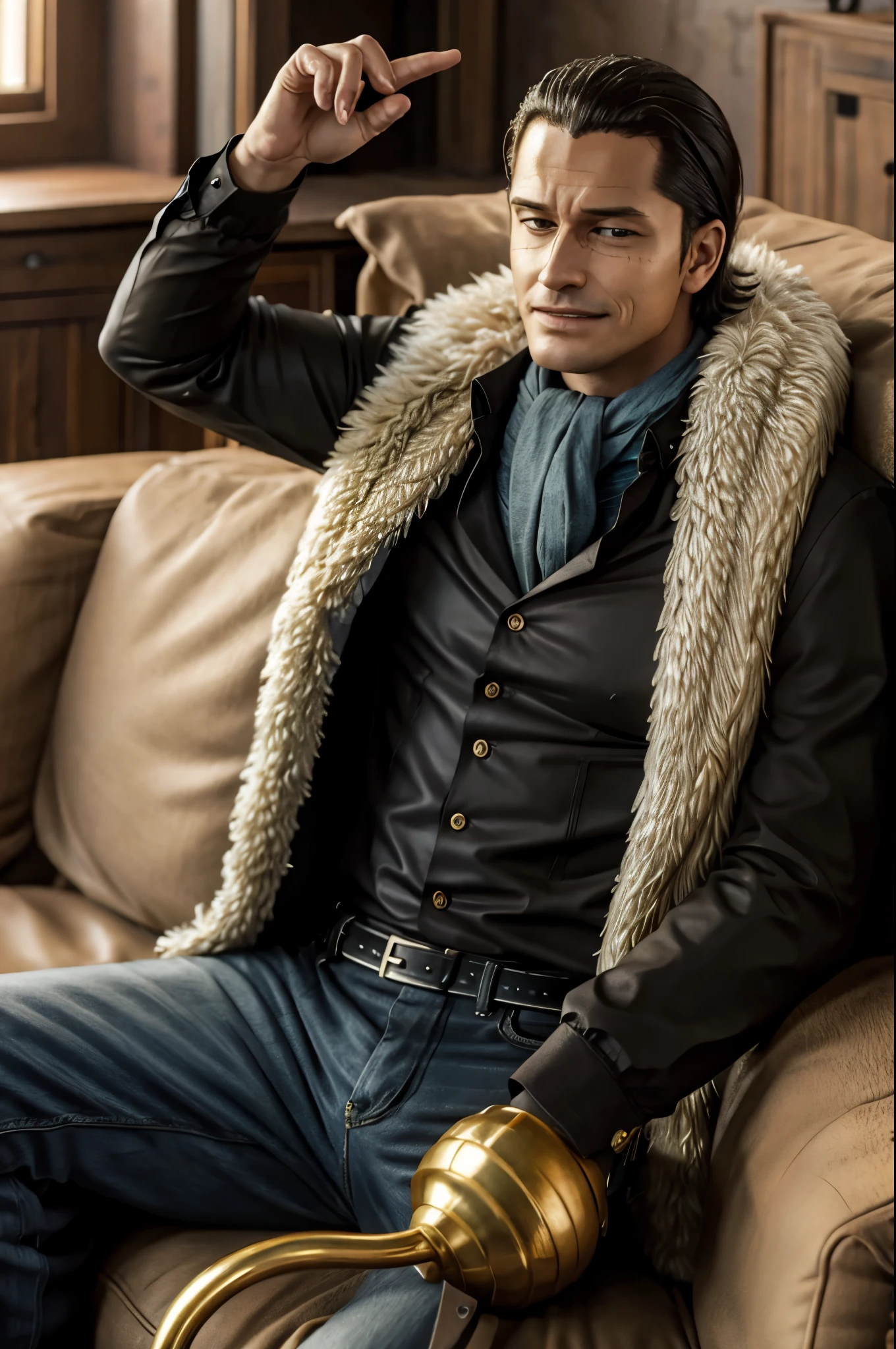 masterpiece, best quality, extremely detailed, hyperrealistic, photorealistic, a cool 40s man, ultra detailed face:1.2, fur-trimmed coat, scarf around the neck, his left hand is a golden pirate hook:1.1, living room, sitting on sofa, laughing