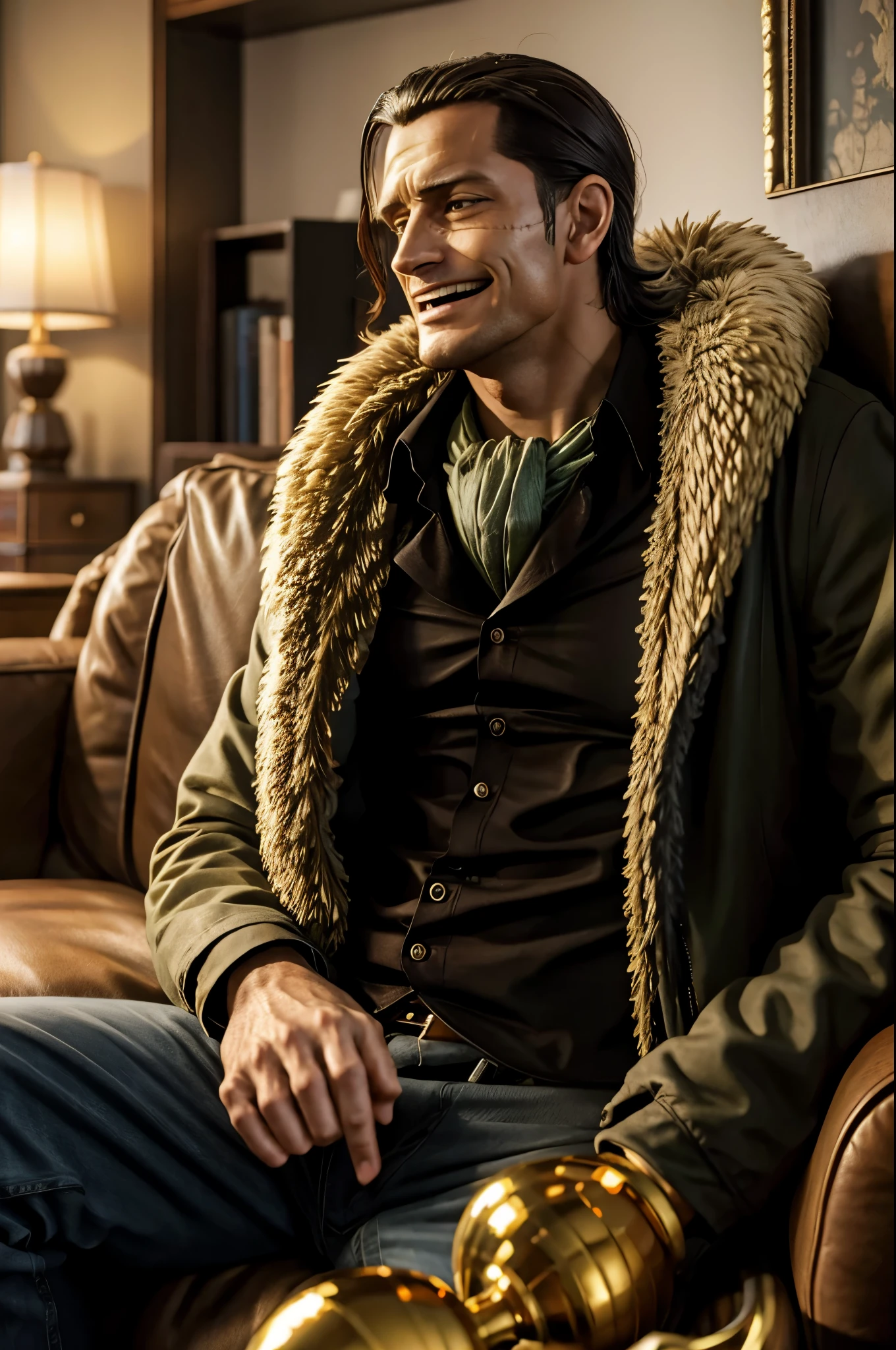 masterpiece, best quality, extremely detailed, hyperrealistic, photorealistic, a cool 40s man, ultra detailed face:1.2, fur-trimmed coat, scarf around the neck, his left hand is a golden pirate hook:1.1, living room, sitting on sofa, laughing
