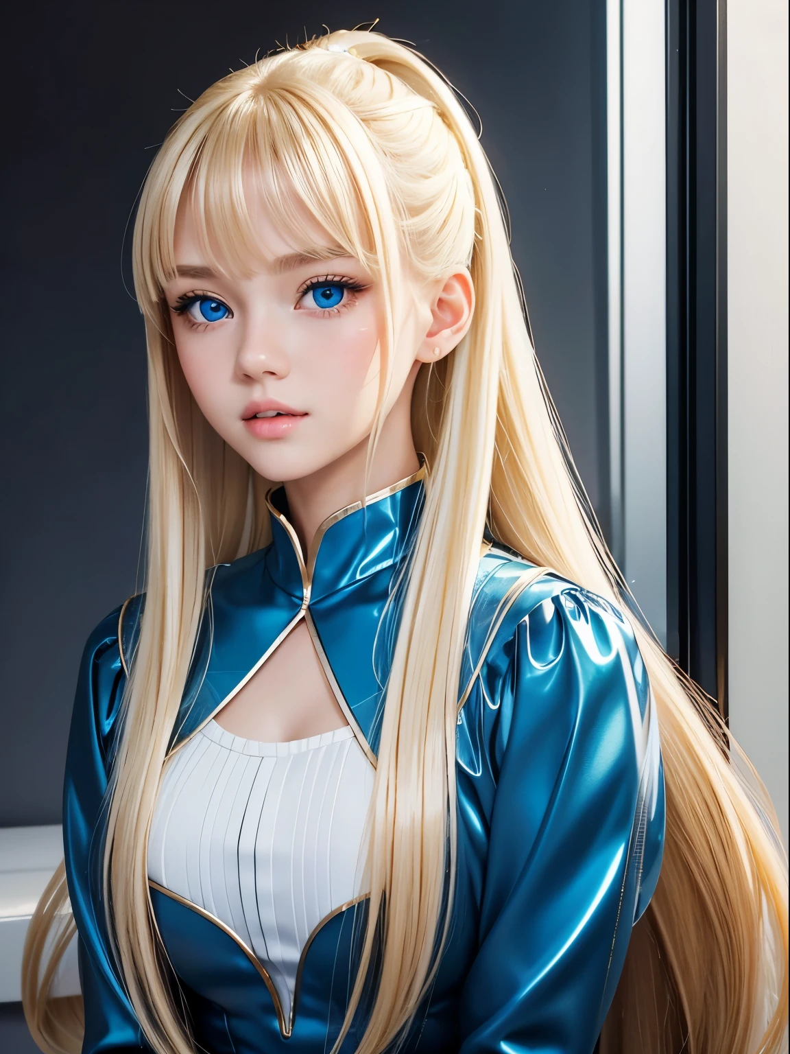 Portrait、、bright look、ponytail、young shiny glossy white shiny skin、ultimate beautiful girl、best looks、blonde reflection、Blonde hair with dazzling highlights、shiny bright hair,、Super long smooth straight hair、Shining beautiful bangs、Sparkling crystal clear charming big blue eyes、Very beautiful and lovely cute 16 year old girl、rich bust