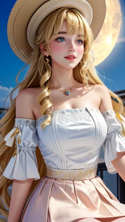 Huge moon background,(8K, original photo, highest quality, masterpiece:1.2), (actual, photo actual:1.3), ultra high resolution, Highly detailed color photos, Extremely detailed CG unified 8K wallpaper, sharp focus, (actual skin), perfect anatomy, (movie theater lighting), glossy lips,
destroy the street, permanent, (Lovely lady), ((blonde:1.2)), long hair, curl,dull bangs, blue eyes, (blush), (happiness), (big breasts), white skirt,white off shoulder shirt, please raise your legs higher, looking at the audience, Upper body, close, Smile,Wear a nice hat
