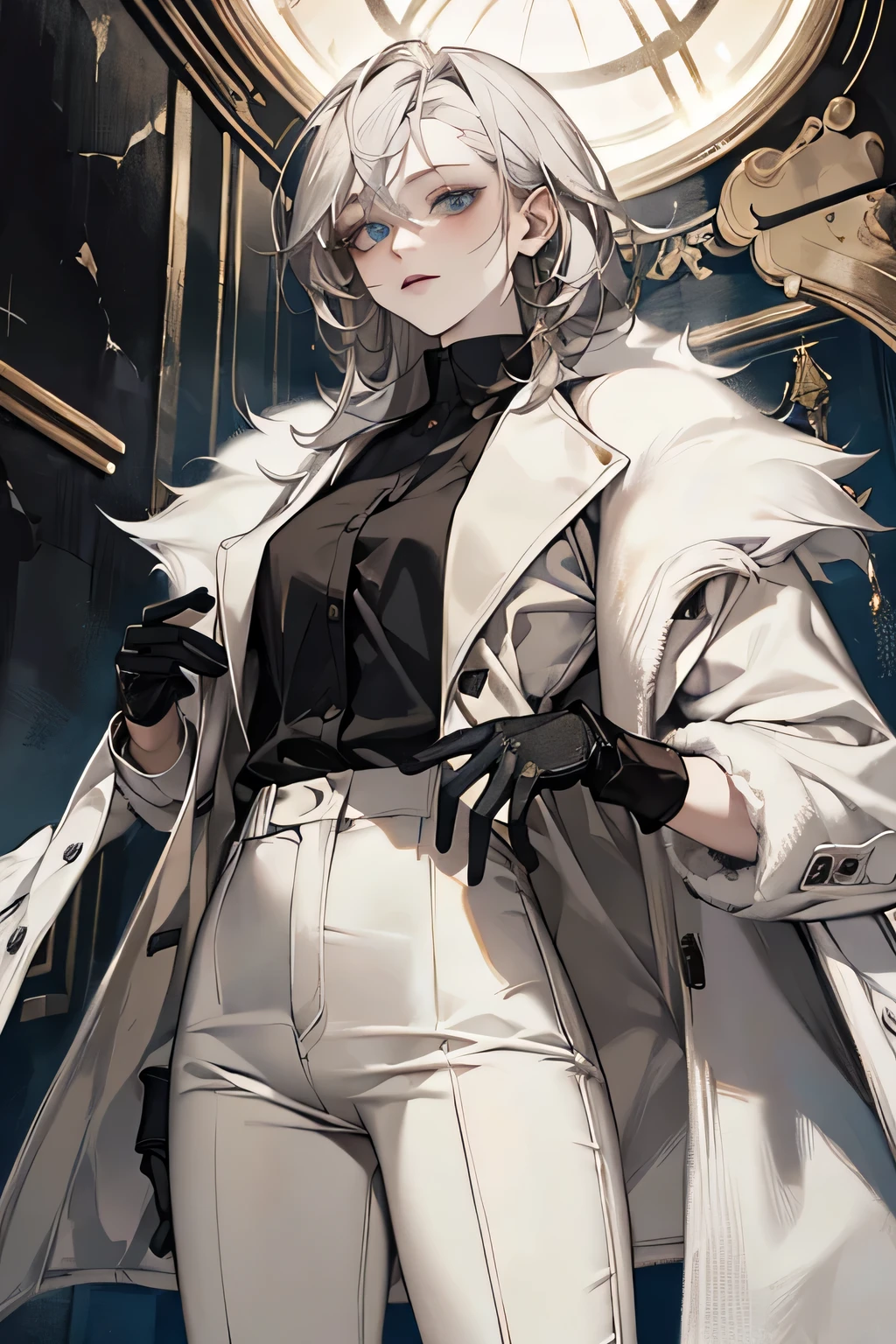 Masterpiece, best quality, highres, mature, solo, female, mafia, black shirt, white pant, black gloves, white coat, medium hair, gray hair, light blue eyes