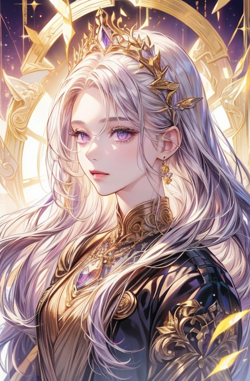(long hair woman:1.2,portrait,white skin,symmetrical eyes,fine eyes,Fine purple eyes,Shining golden hair accessories,crystal pendant pattern background,Spotlight,high contrast,Eye-catching shadows,detailed shadow,perfect craftsmanship,masterpiece,highest quality,High resolution)