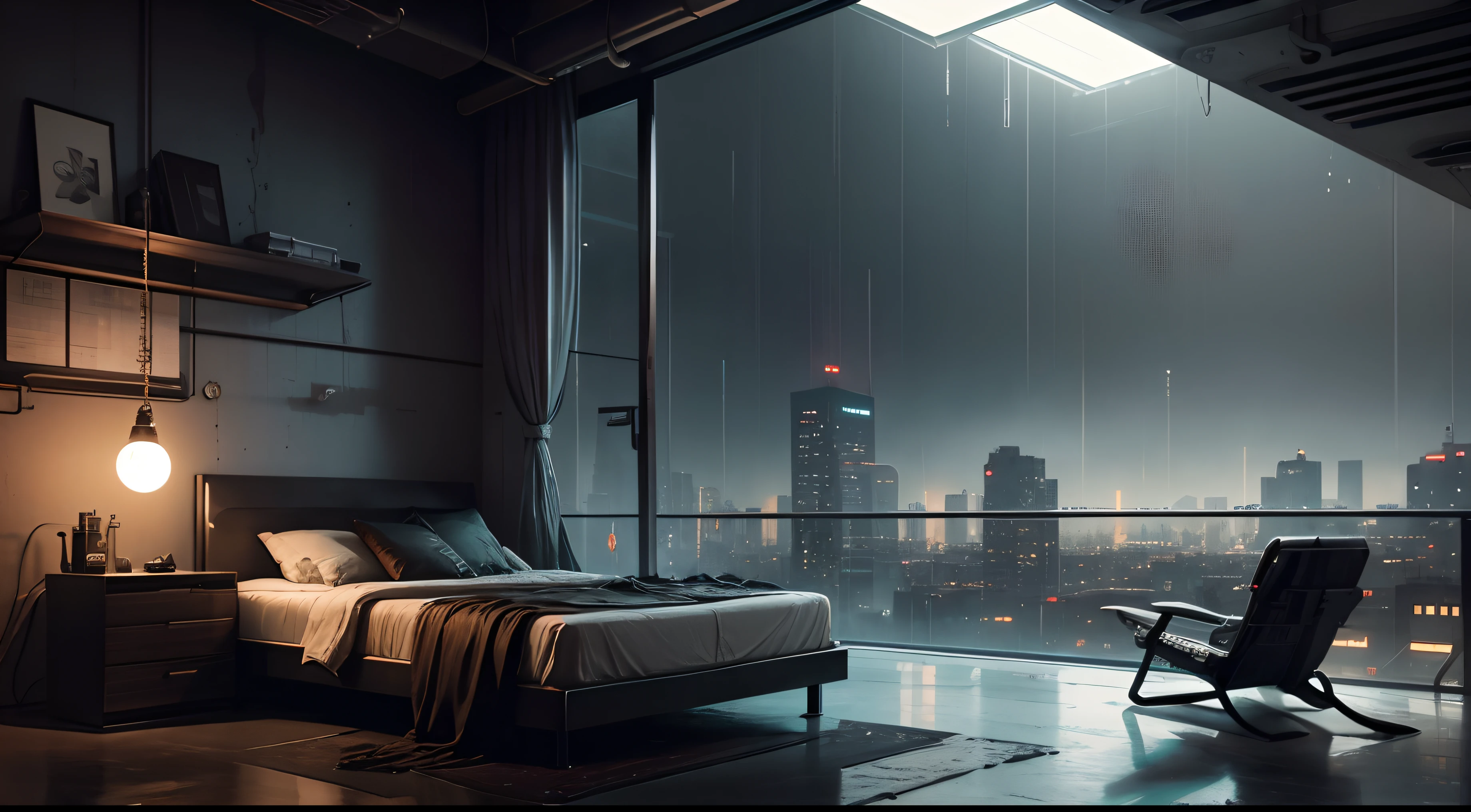 Cyberpunk bedroom in industrial interior design style,Unobscured. rain,dark style