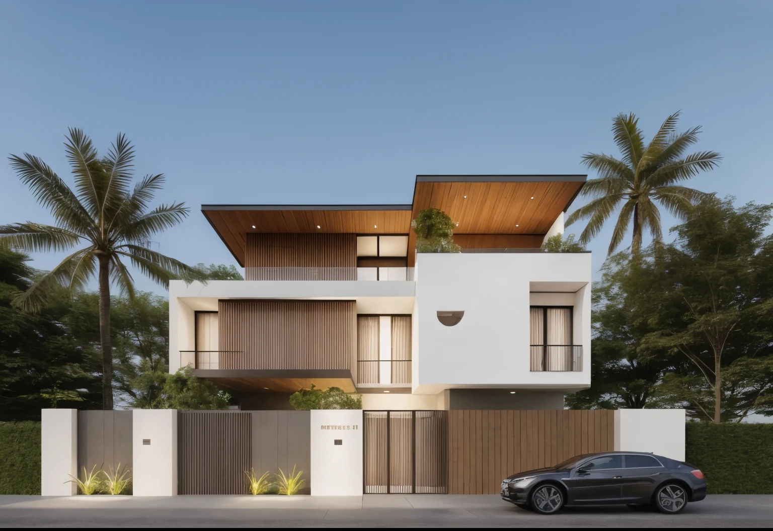 1 villa moderne avec, main material of the villa regarding the white wall and wooden cladding, main material by white wall and wood, 1grande cour, 1 route passe devant la maison, (Photo brute, real, best quality, chef-d'artwork:1.2), avoir l'air moderne et minimaliste, 1 route devant la maison, dynamic lighting:1.3, (hyper realistic, photo-realistic:1.2), high quality, (dark lighting:1.2), Perfect lighting, Archiquotidien, pas d'humain