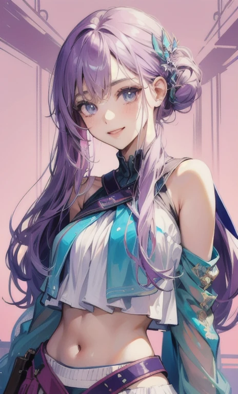 ((masterpiece)), (highest quality), highest resolution, (Super detailed), ((perfect face)), (expressive eyes), cute and beautiful girl, (smile), ((cute clothes)), cowboy shot, ((pastel purple color)), ((Simple plain background)), shiny, shine, (Clean and smooth lines)