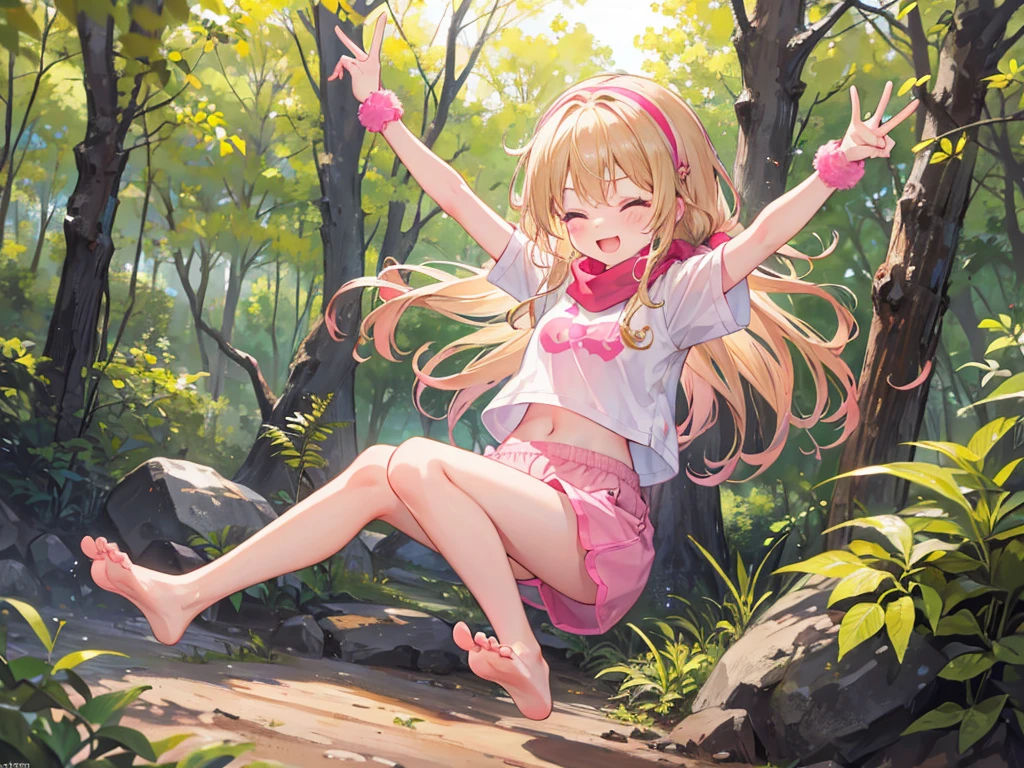 a cute 6 year old church girl from Colorado named Anna,both brownish blonde hair, long wavy hair, pink yellow short sleeve tshirt, scarf, pink shorts, wearing a pink hairband, on a jog, on a dirt trail, in the woods, eyes closed, sunset, slight smile, wristbands, barefoot, showing soles of foot, joyful, energetic, peace sign, 5 fingers