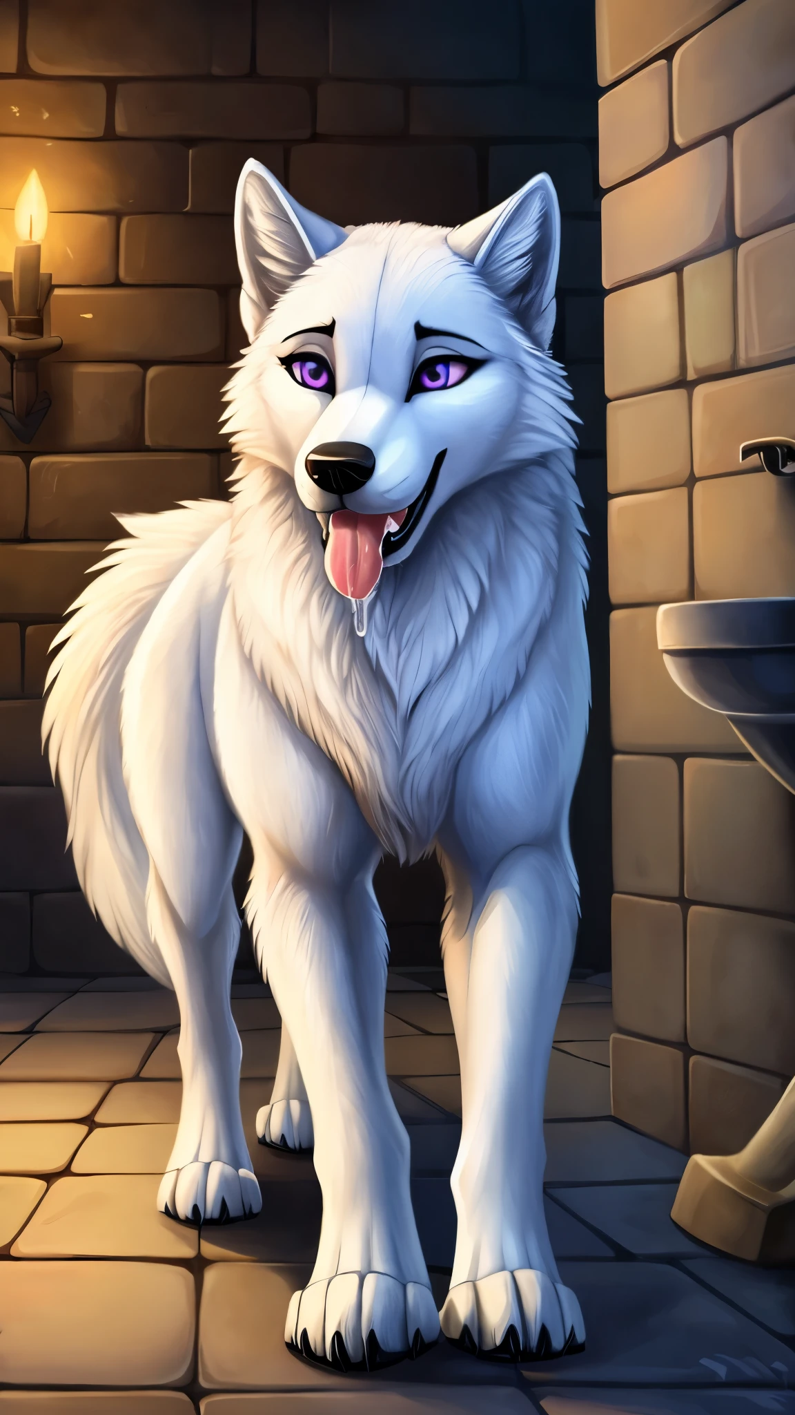 
Species: Arctic wolf
Gender: Female | Pose: lots of drool and spit Maw open wide tongue out saliva pooling
Body description: Luna is a white wolf. She has white fur on her body with black paws and legs. She has a black nose. Luna has bright light purple eyes and does not wear clothing as she’s a wolf. She is a feral (meaning she is a quadruped and walks on all fours). Luna does not have breasts
Height: 4 foot 11 inches
Age: 20
Personality: Clumsy and scatterbrained, Luna is a fun-loving wolf. She’s not the brightest. Luna likes to watch people pee in medieval bathrooms. Background: medieval bathroom
Likes: playing in the bathroom and Likes to stick her tongue out, likes to drool heavily, 
Zoophillia beastiality animal sex zoo porn fuck 
Description: is a white wolf. She is rather clumsy and impulsive, and quite reckless.
Sexuality: oblivious
personality: Klutzy, gullible, and very naive, Luna is not the brightest bulb in the box. 