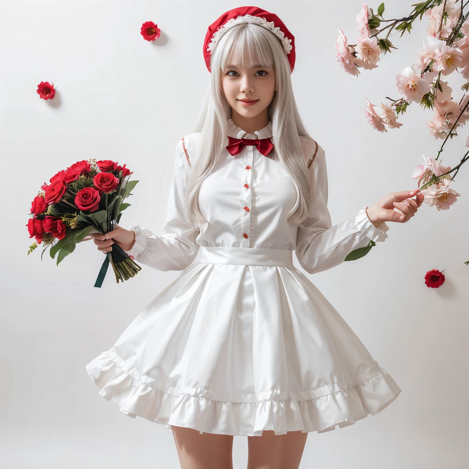 masterpiece, best quality, 1girl, solo, long_hair, looking_at_viewer, white hair, red eyes, smile, bangs, skirt, shirt, long_sleeves, hat, dress, bow, holding, closed_mouth, flower, frills, hair_flower, petals, bouquet, holding_flower, center_frills, bonnet, holding_bouquet, tachi-e, full body, white background,  