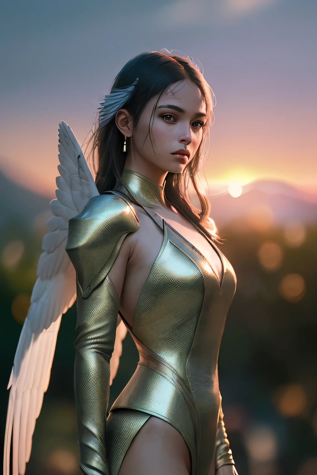 (masterpiece), (very complicated:1.3), (realistic), girl portrait, the most beautiful in the world, (bird wings), scale powder reflection, fashion model posing, outdoor, intense sunlight, distant monastery, Stunning female professional photo details, sharp focus, dramatic, Award history, cinematic lighting, Octane Rendering Unreal Engine, volumetrics dtx, (film grain, blurred background, blurred foreground, Bokeh, Depth of the bounds written, sunset, motion blur:1.3), thin clothing