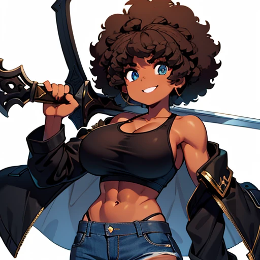 Afro girl,toned,brown skin,medium breasts, abdomen,Black jacket, afro hairstyle,, he has a giant sword,jeans,iron sword,blue eyes,bigbreasts smile,white background,tank top over breasts